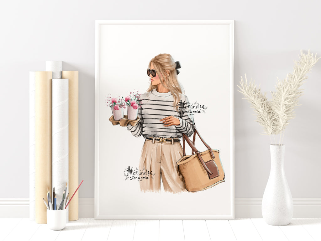 Digital Illustration Watercolor Painting Stylish Girl Parisian Style Printable Art Coffee Flowers Trendy Hairstyles Instant Download