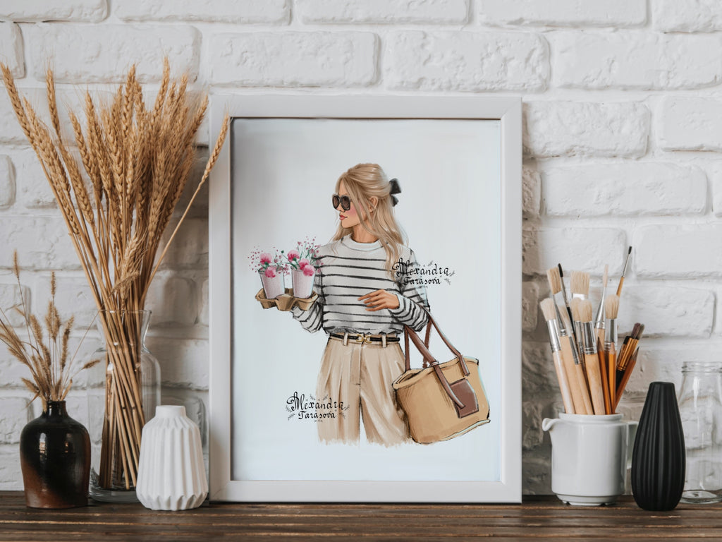 Digital Illustration Watercolor Painting Stylish Girl Parisian Style Printable Art Coffee Flowers Trendy Hairstyles Instant Download