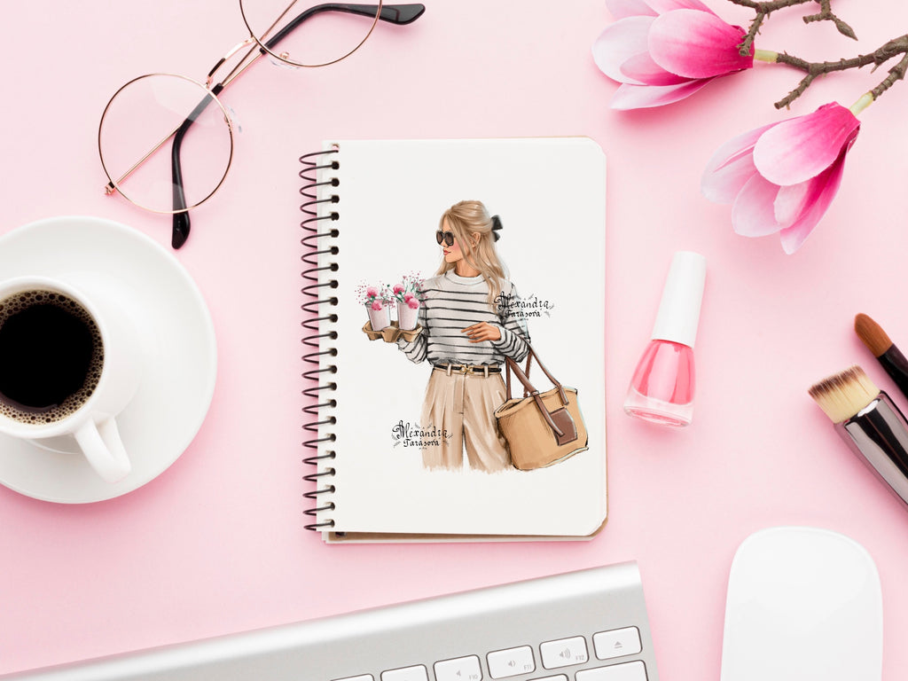 Digital Illustration Watercolor Painting Stylish Girl Parisian Style Printable Art Coffee Flowers Trendy Hairstyles Instant Download