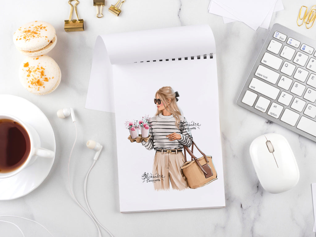 Digital Illustration Watercolor Painting Stylish Girl Parisian Style Printable Art Coffee Flowers Trendy Hairstyles Instant Download