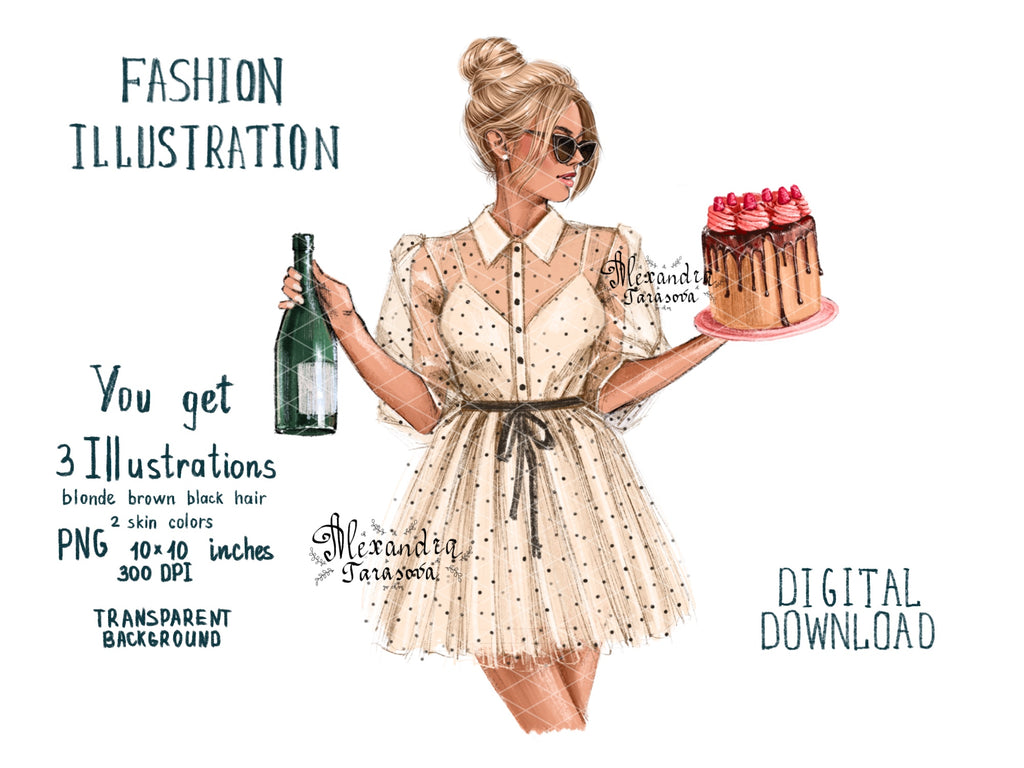 Digital Illustration Watercolor Painting Trendy Hairstyles Champagne Cake Fashion Girl Stylish Dress Instant Download Printable Art