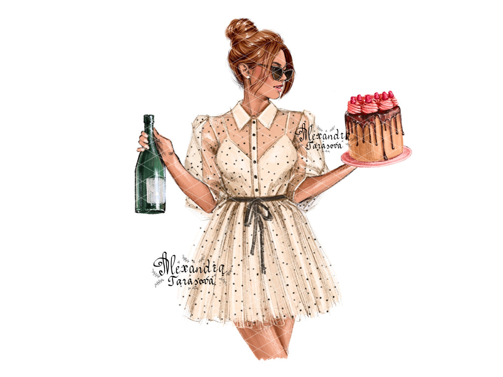 Digital Illustration Watercolor Painting Trendy Hairstyles Champagne Cake Fashion Girl Stylish Dress Instant Download Printable Art