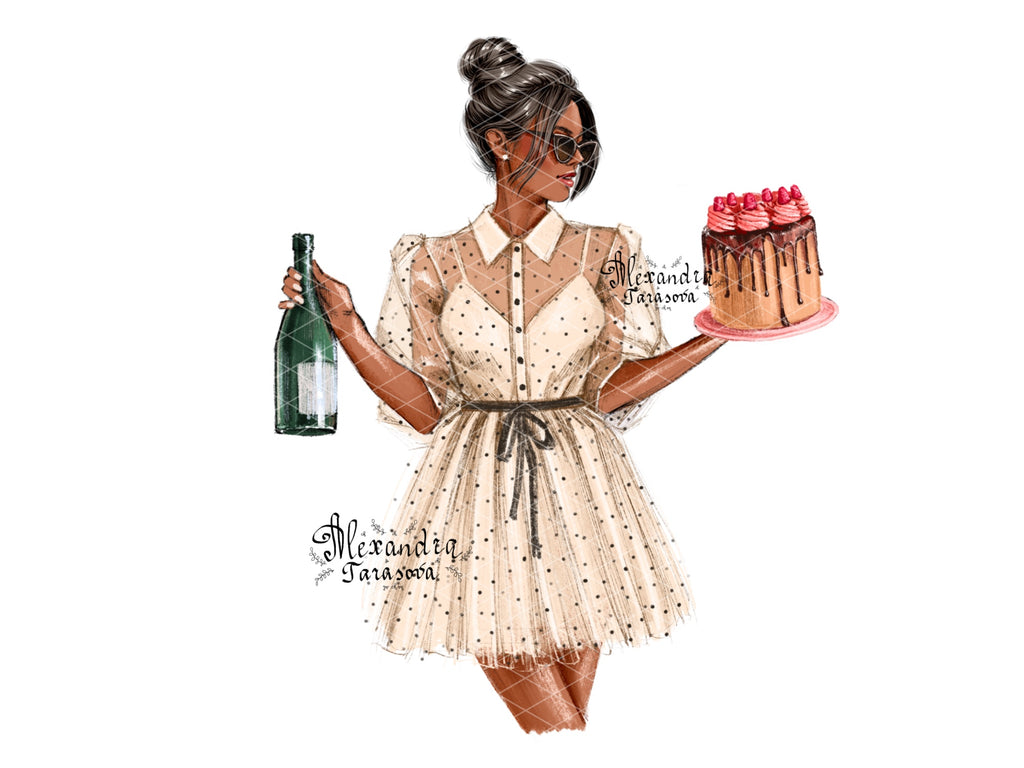 Digital Illustration Watercolor Painting Trendy Hairstyles Champagne Cake Fashion Girl Stylish Dress Instant Download Printable Art