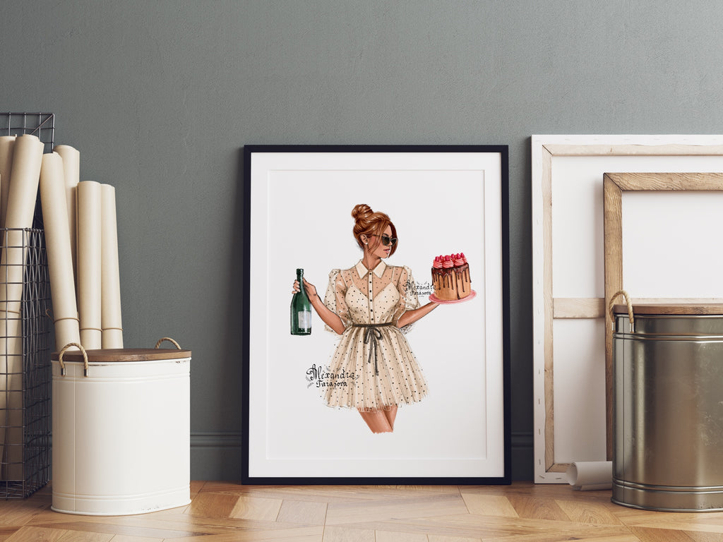 Digital Illustration Watercolor Painting Trendy Hairstyles Champagne Cake Fashion Girl Stylish Dress Instant Download Printable Art