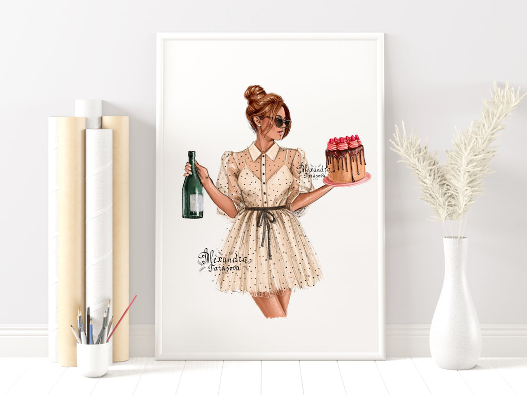 Digital Illustration Watercolor Painting Trendy Hairstyles Champagne Cake Fashion Girl Stylish Dress Instant Download Printable Art