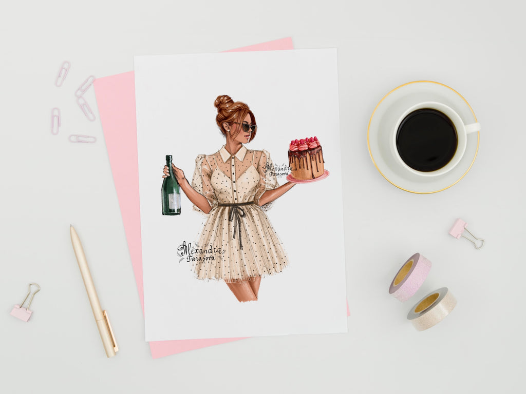 Digital Illustration Watercolor Painting Trendy Hairstyles Champagne Cake Fashion Girl Stylish Dress Instant Download Printable Art