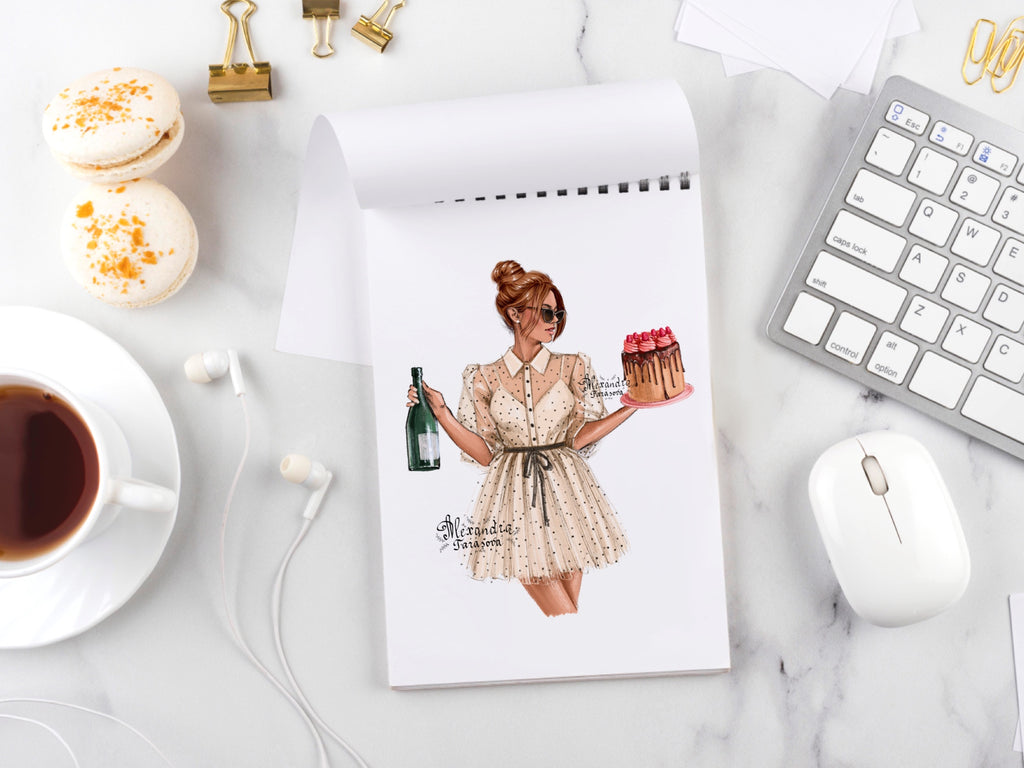 Digital Illustration Watercolor Painting Trendy Hairstyles Champagne Cake Fashion Girl Stylish Dress Instant Download Printable Art