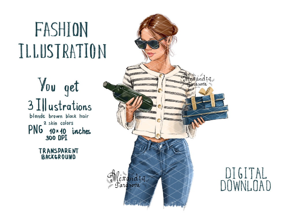 Instant Download Fashion Illustration Digital Watercolor Painting Paris Style Girl Bottle Wine Gifts Holiday Printable Art Clipart