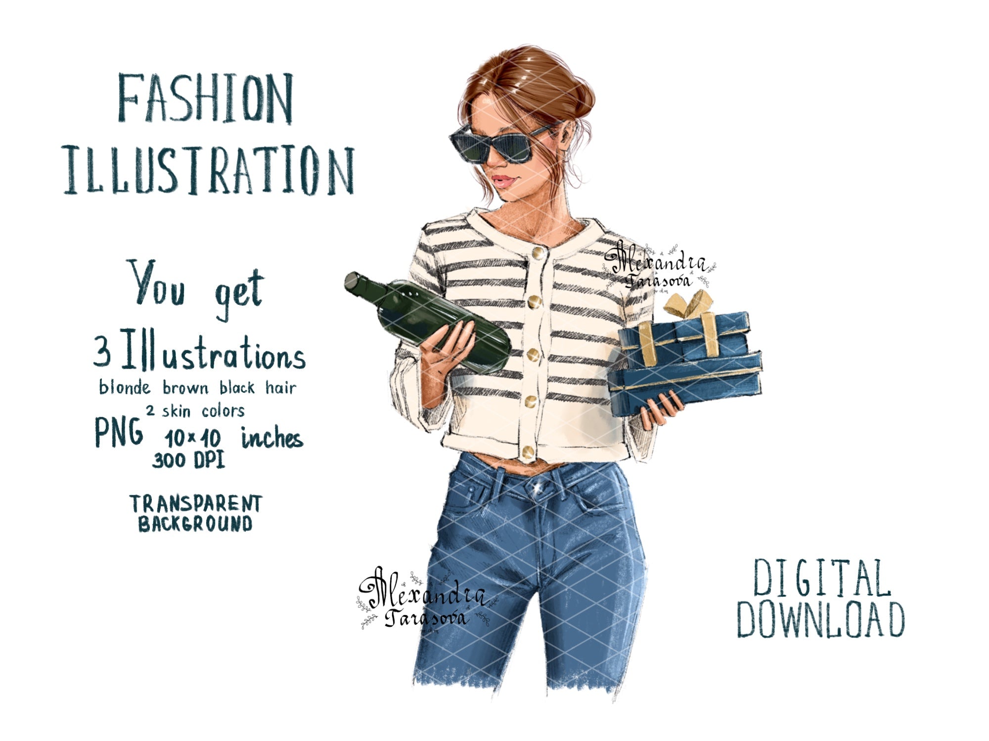 Instant Download Fashion Illustration Digital Watercolor Painting Paris Style Girl Bottle Wine Gifts Holiday Printable Art Clipart