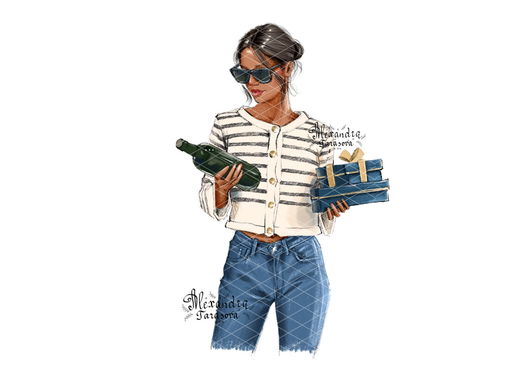 Instant Download Fashion Illustration Digital Watercolor Painting Paris Style Girl Bottle Wine Gifts Holiday Printable Art Clipart