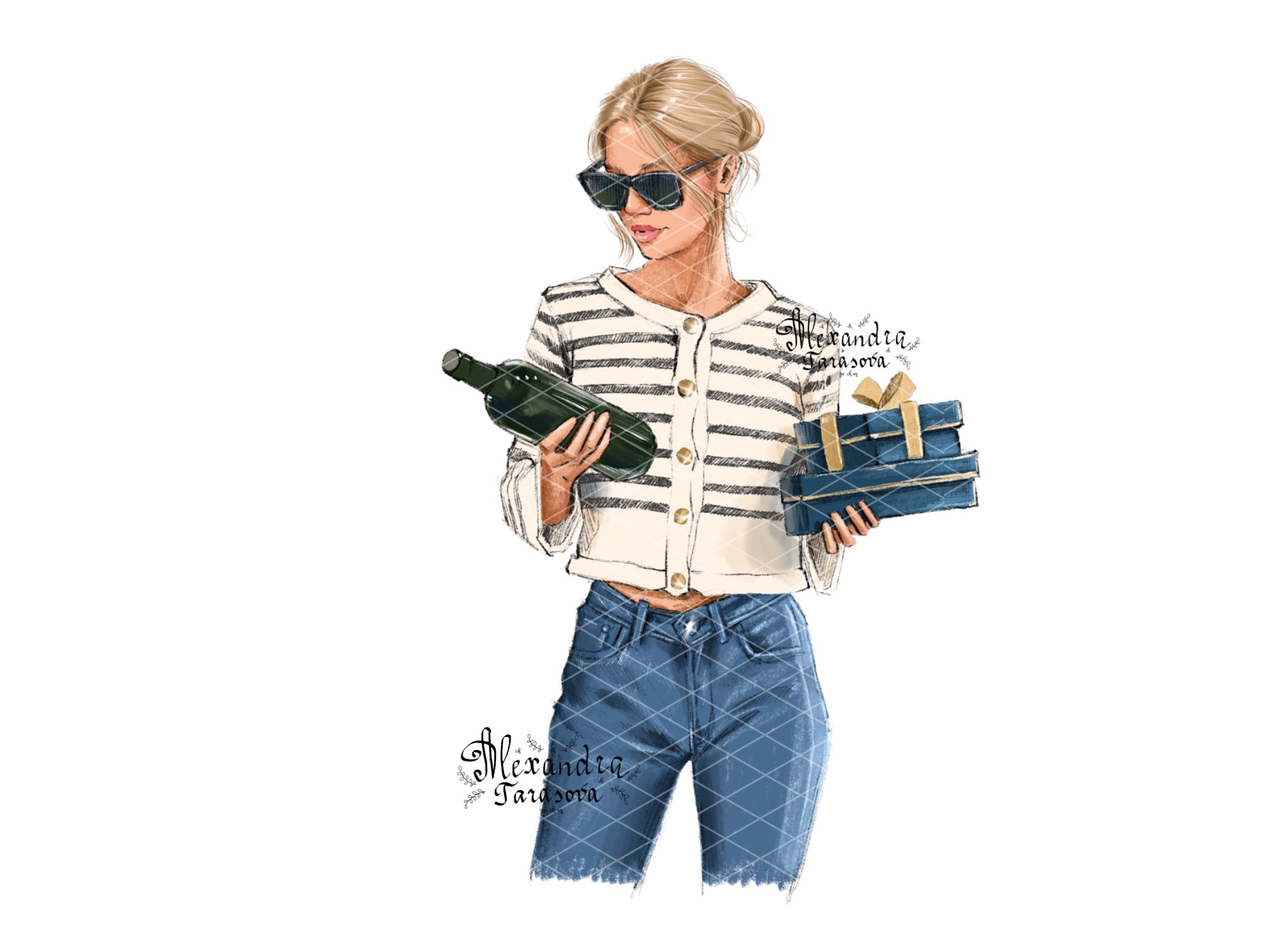 Instant Download Fashion Illustration Digital Watercolor Painting Paris Style Girl Bottle Wine Gifts Holiday Printable Art Clipart