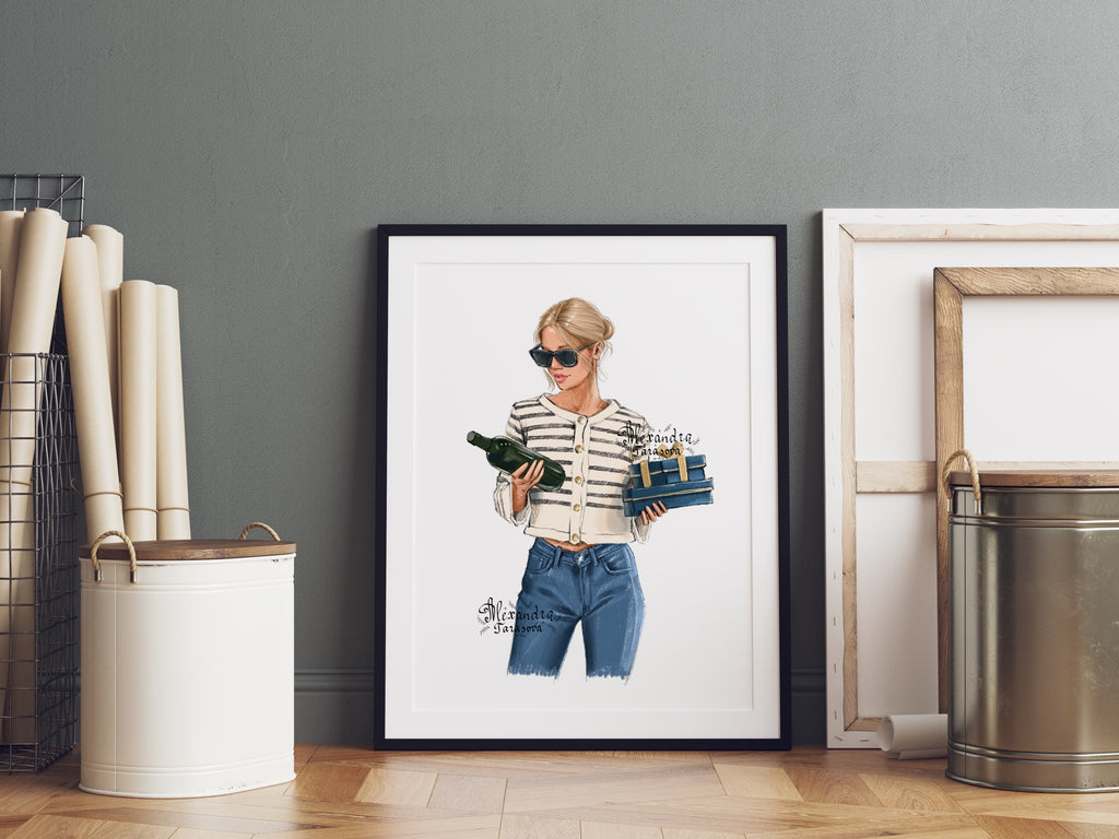 Instant Download Fashion Illustration Digital Watercolor Painting Paris Style Girl Bottle Wine Gifts Holiday Printable Art Clipart