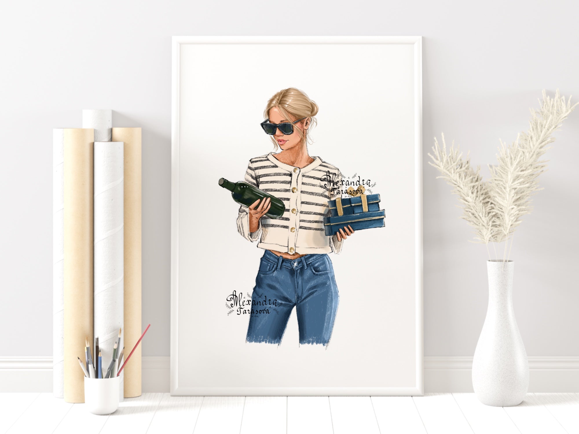 Instant Download Fashion Illustration Digital Watercolor Painting Paris Style Girl Bottle Wine Gifts Holiday Printable Art Clipart