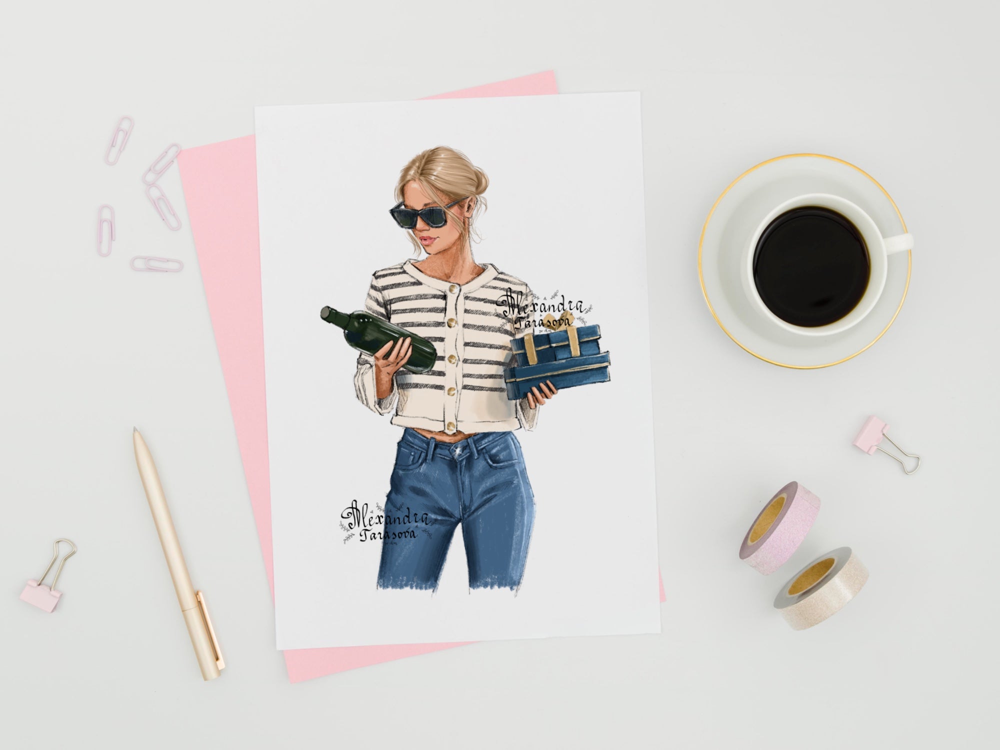 Instant Download Fashion Illustration Digital Watercolor Painting Paris Style Girl Bottle Wine Gifts Holiday Printable Art Clipart