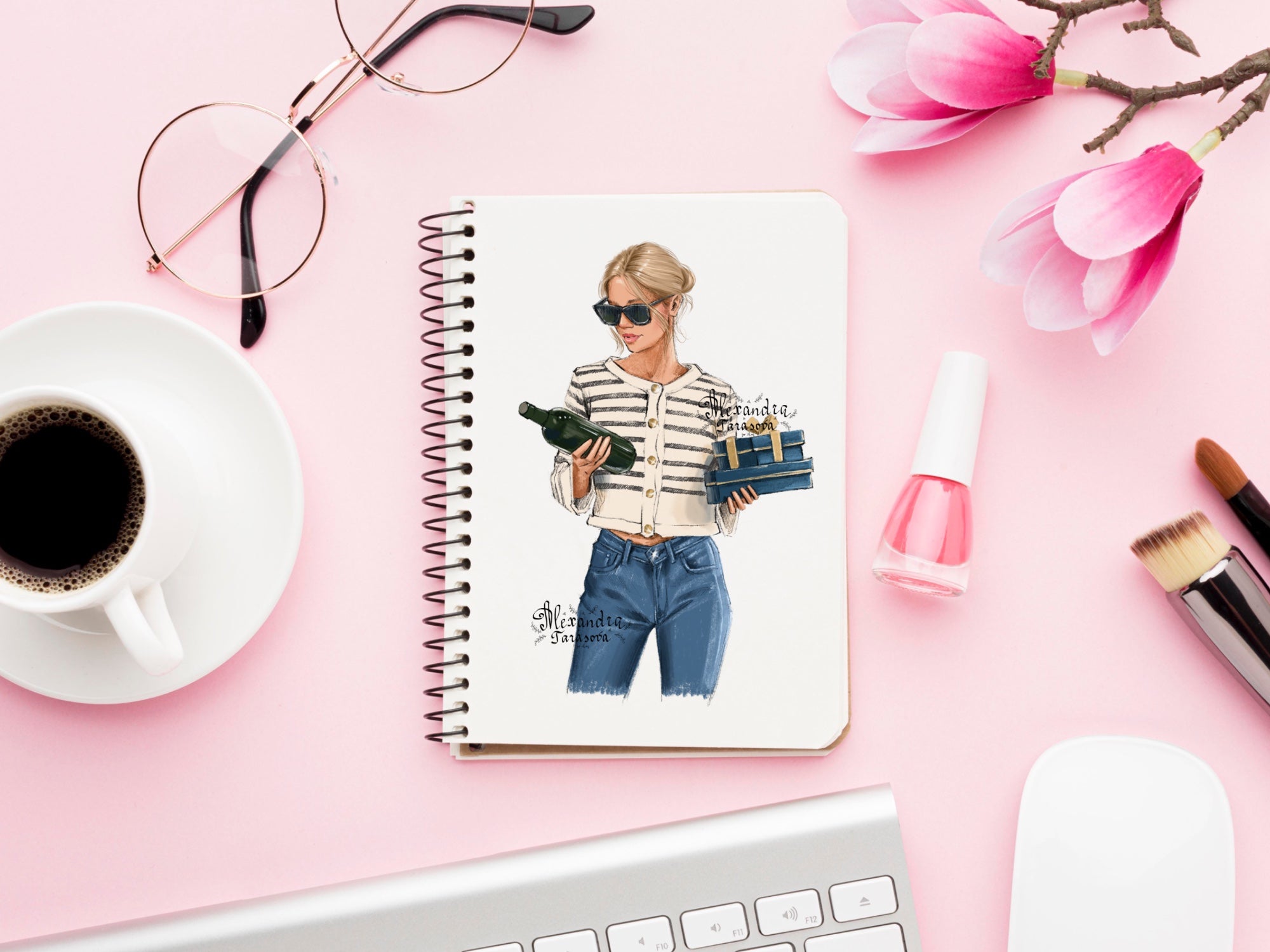 Instant Download Fashion Illustration Digital Watercolor Painting Paris Style Girl Bottle Wine Gifts Holiday Printable Art Clipart