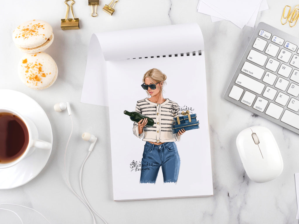 Instant Download Fashion Illustration Digital Watercolor Painting Paris Style Girl Bottle Wine Gifts Holiday Printable Art Clipart