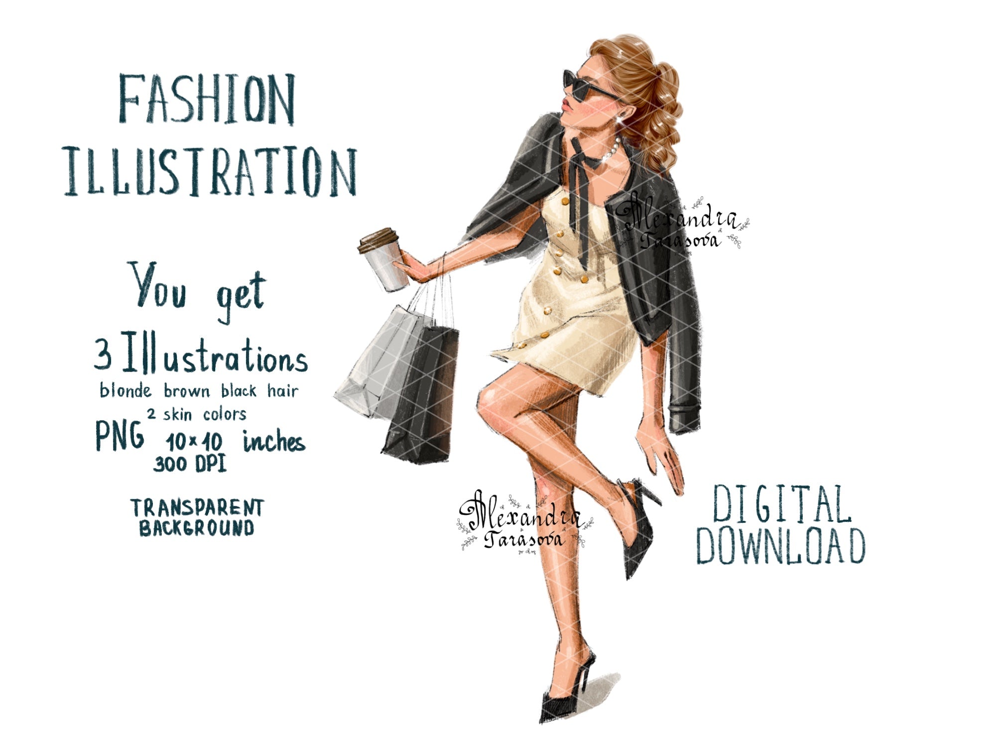Instant Download Parisian Style Fashion Girl Shopping Bags Trendy Hairstyles Watercolor Painting Clipart Stickers Printable Art
