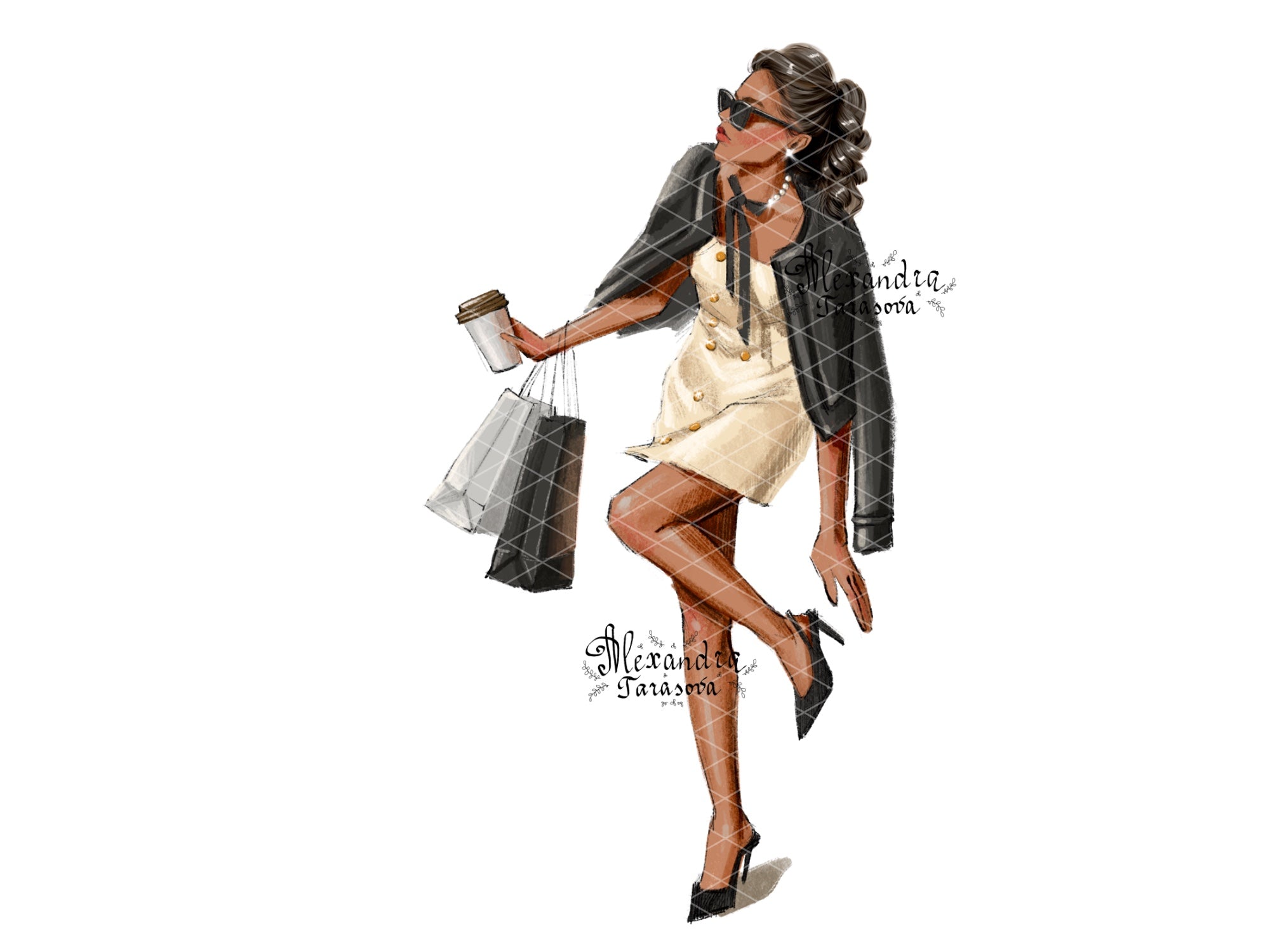 Instant Download Parisian Style Fashion Girl Shopping Bags Trendy Hairstyles Watercolor Painting Clipart Stickers Printable Art