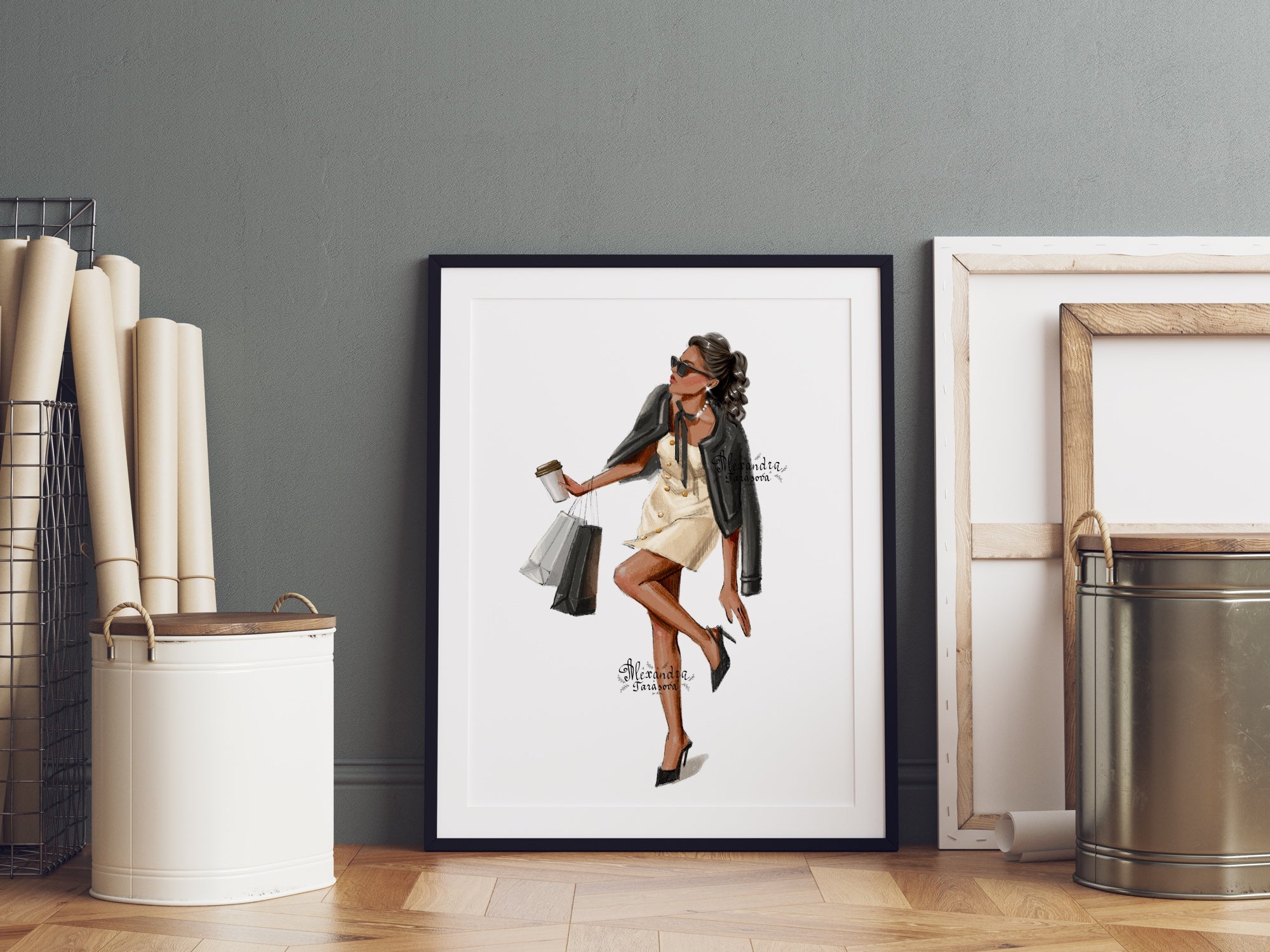 Instant Download Parisian Style Fashion Girl Shopping Bags Trendy Hairstyles Watercolor Painting Clipart Stickers Printable Art