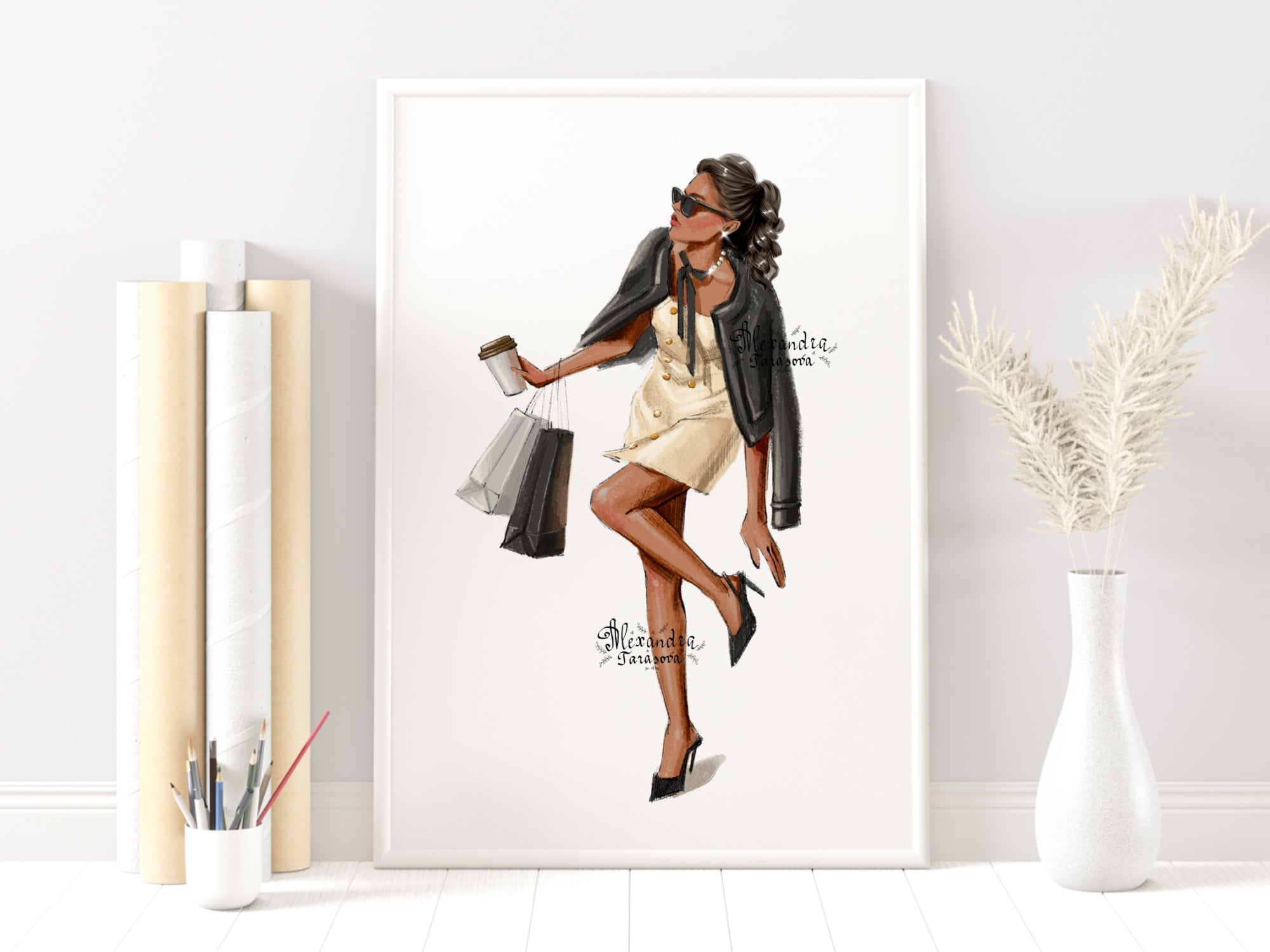 Instant Download Parisian Style Fashion Girl Shopping Bags Trendy Hairstyles Watercolor Painting Clipart Stickers Printable Art