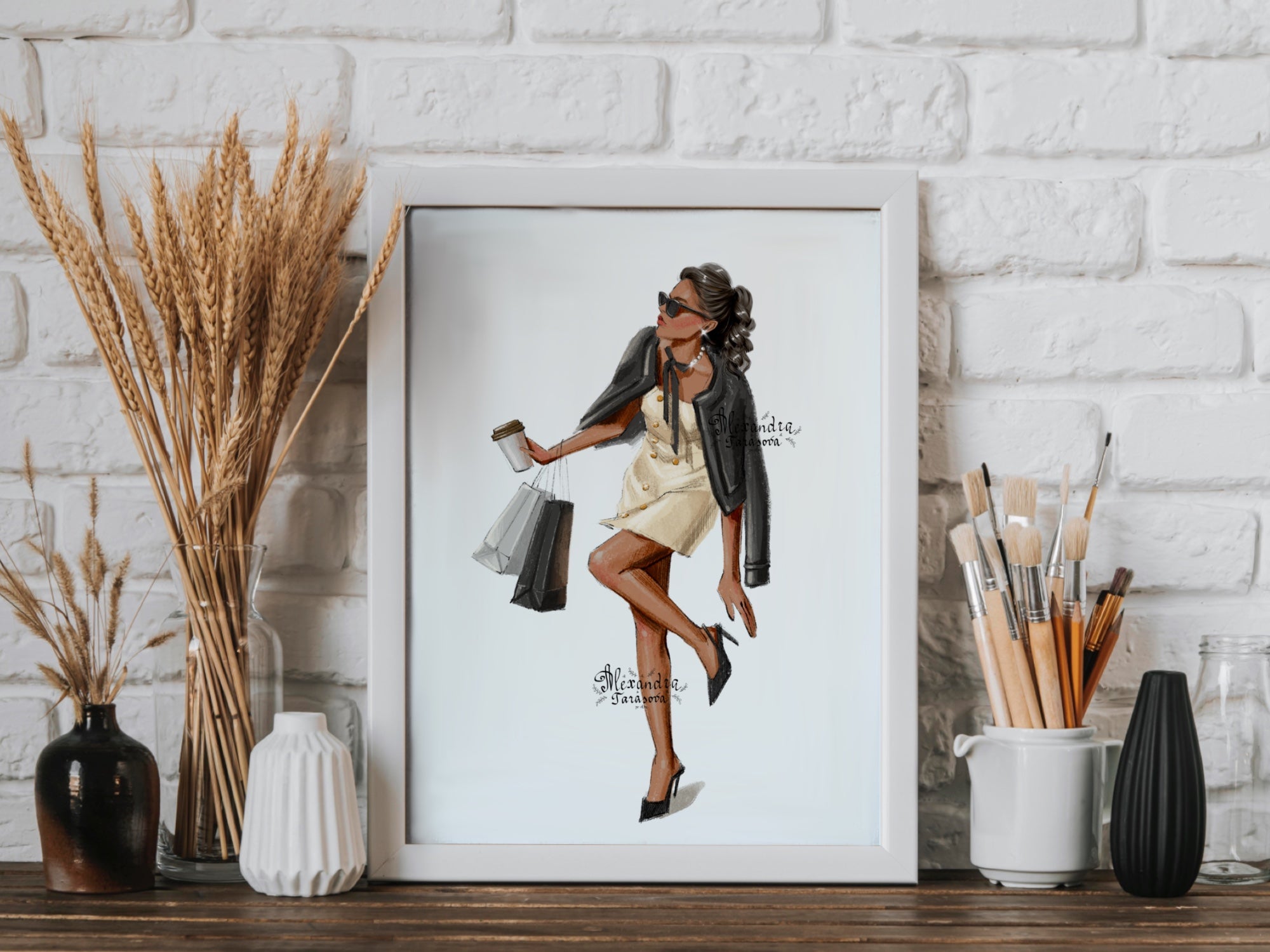 Instant Download Parisian Style Fashion Girl Shopping Bags Trendy Hairstyles Watercolor Painting Clipart Stickers Printable Art