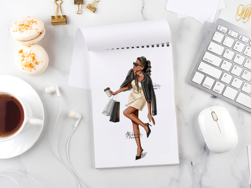 Instant Download Parisian Style Fashion Girl Shopping Bags Trendy Hairstyles Watercolor Painting Clipart Stickers Printable Art