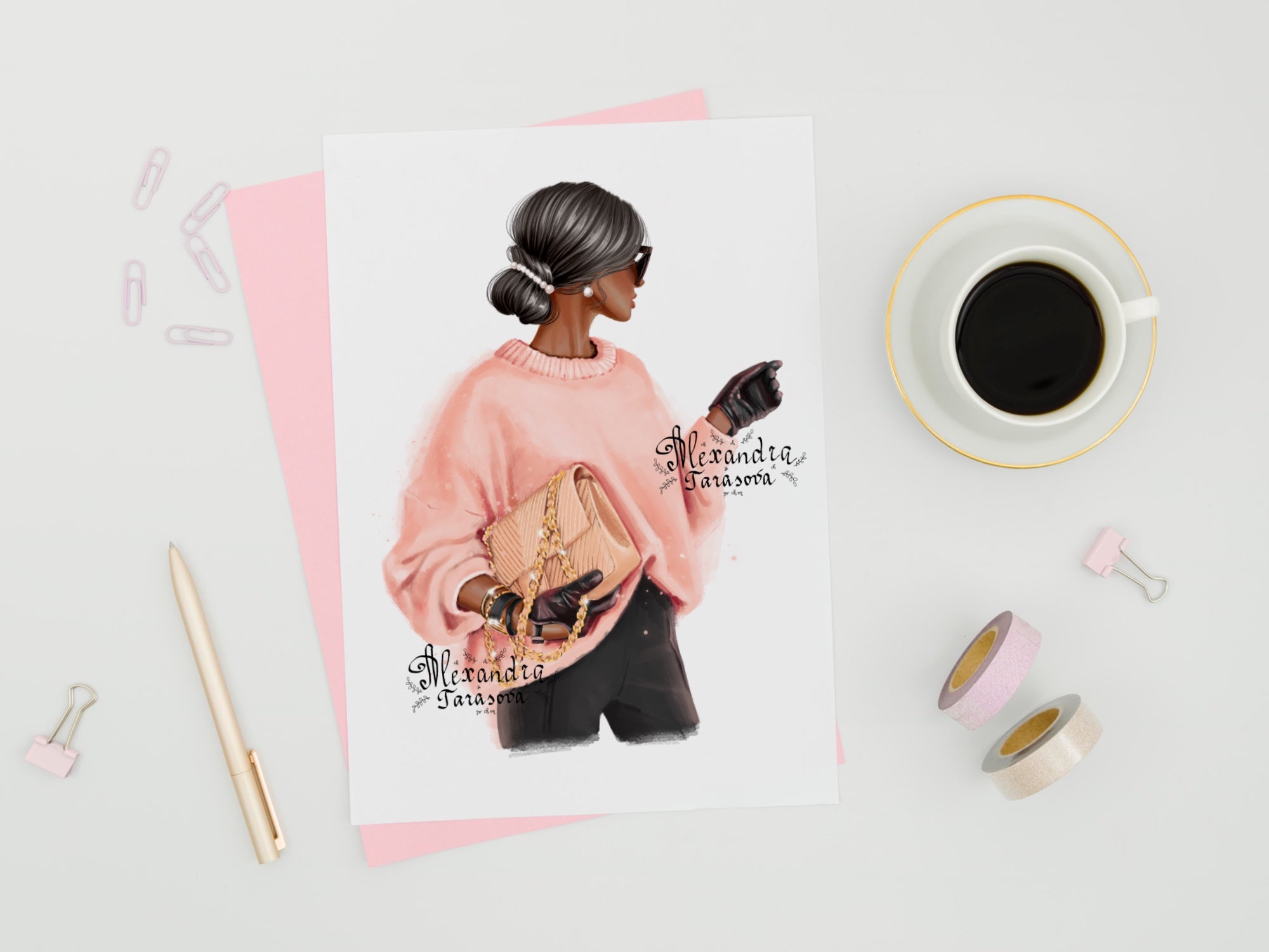Digital Watercolor Illustration Fashion Girl Trendy Hairstyles Bun Pink Sweater Stylish Bag Painting Printable Art