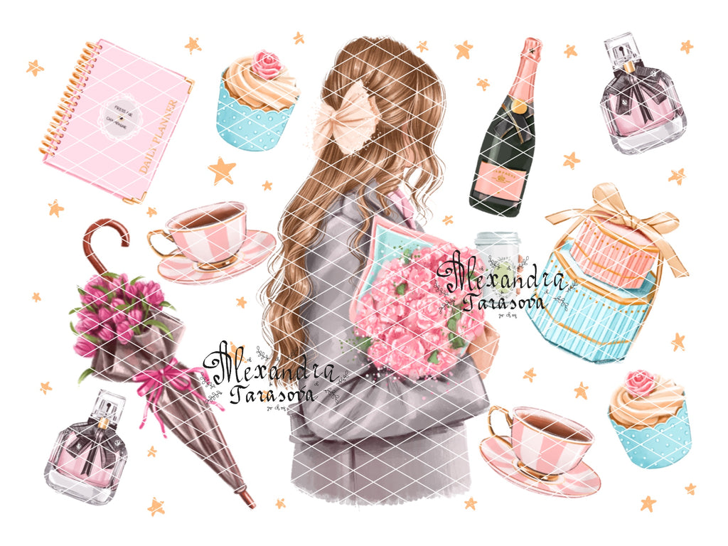 Digital Watercolor Illustration Fashion Girl Spring Essentials Trendy Hairstyles Champagne Umbrella Tulips Cupcake Planner Cup Tea Flower