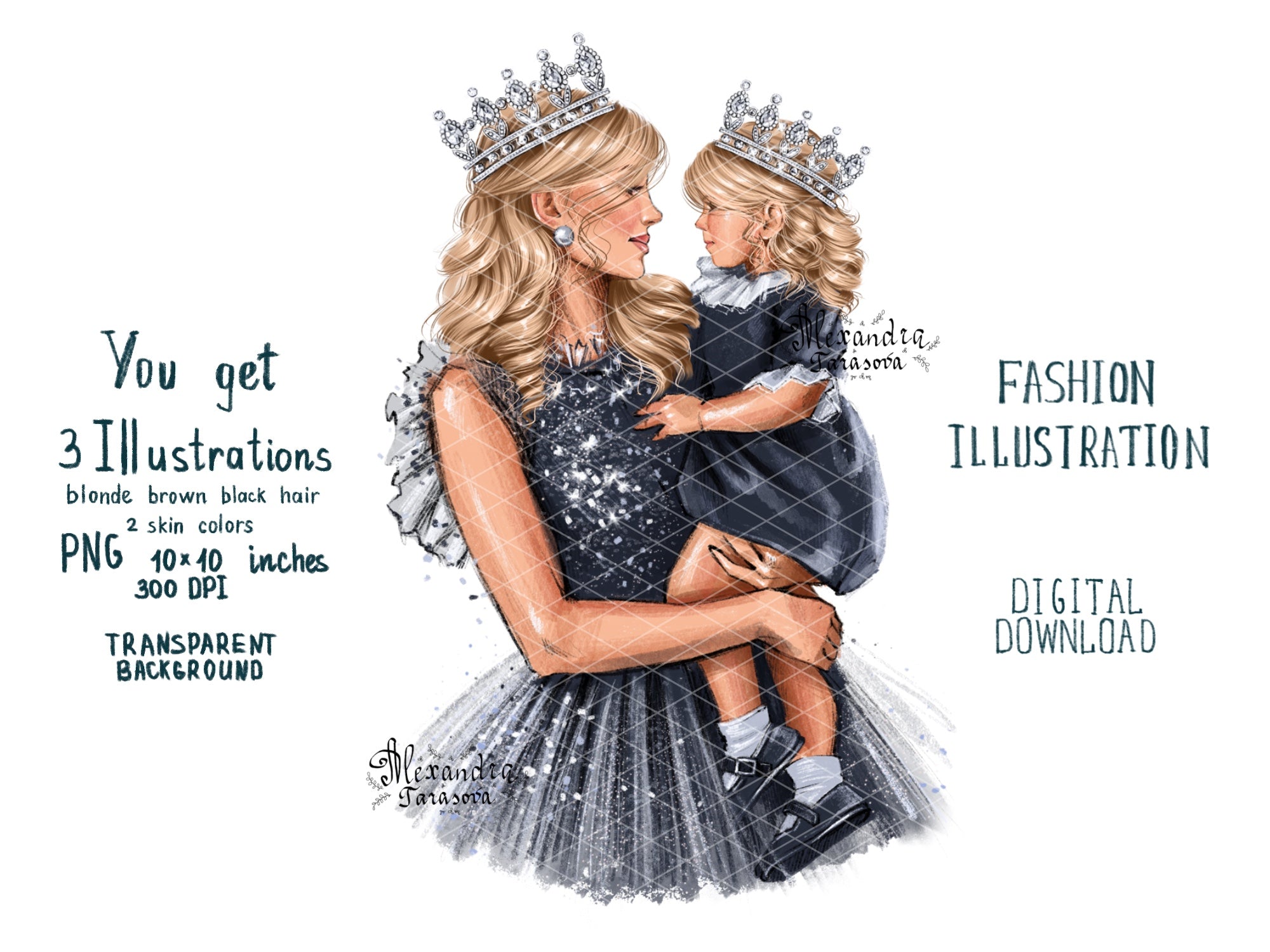 Digital Watercolor Illustration Mother And Daughter Stylish Blue Dress Sparkle Mother Day Printable Art Clipart Stickers Instant Download
