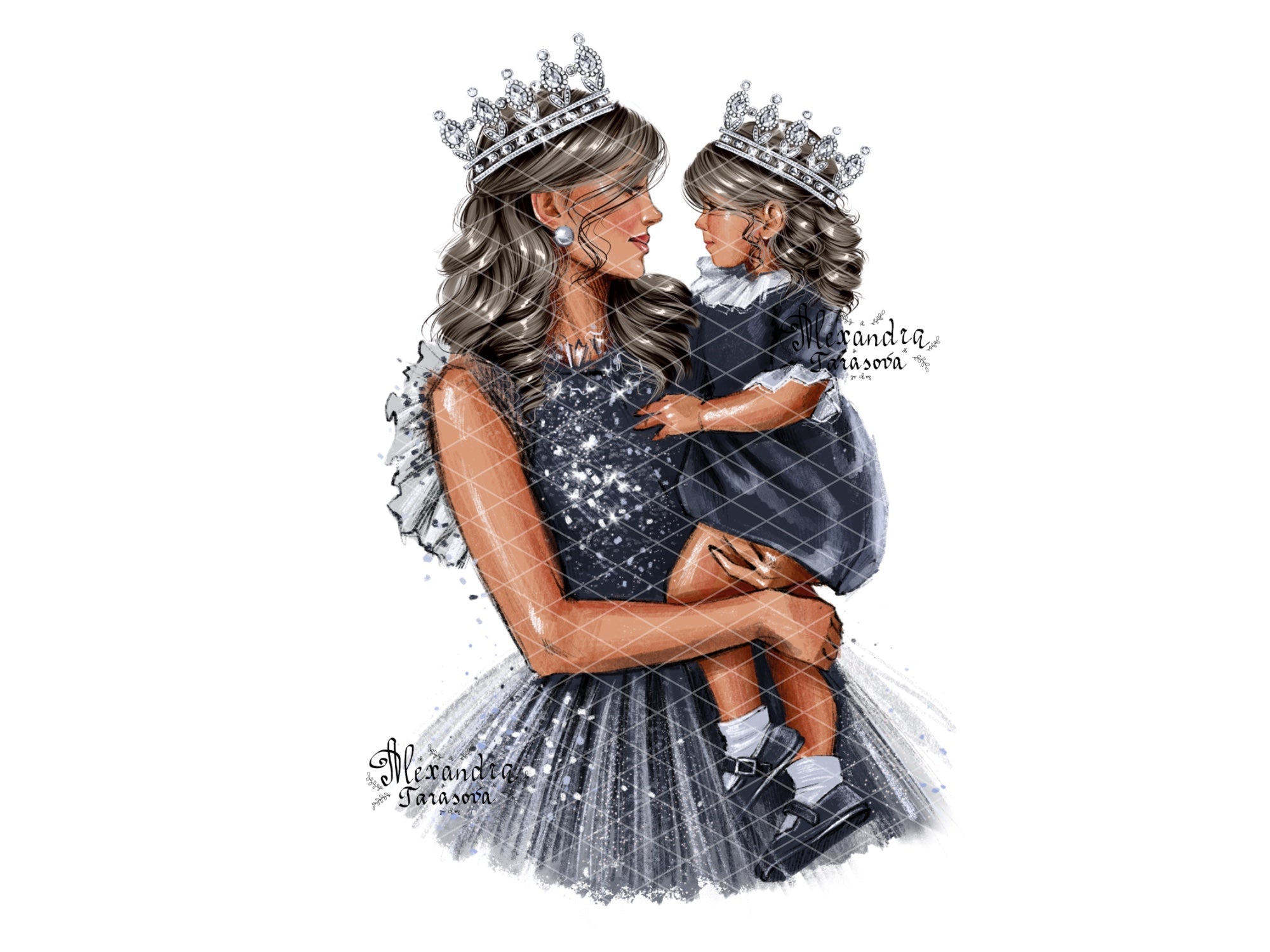 Digital Watercolor Illustration Mother And Daughter Stylish Blue Dress Sparkle Mother Day Printable Art Clipart Stickers Instant Download