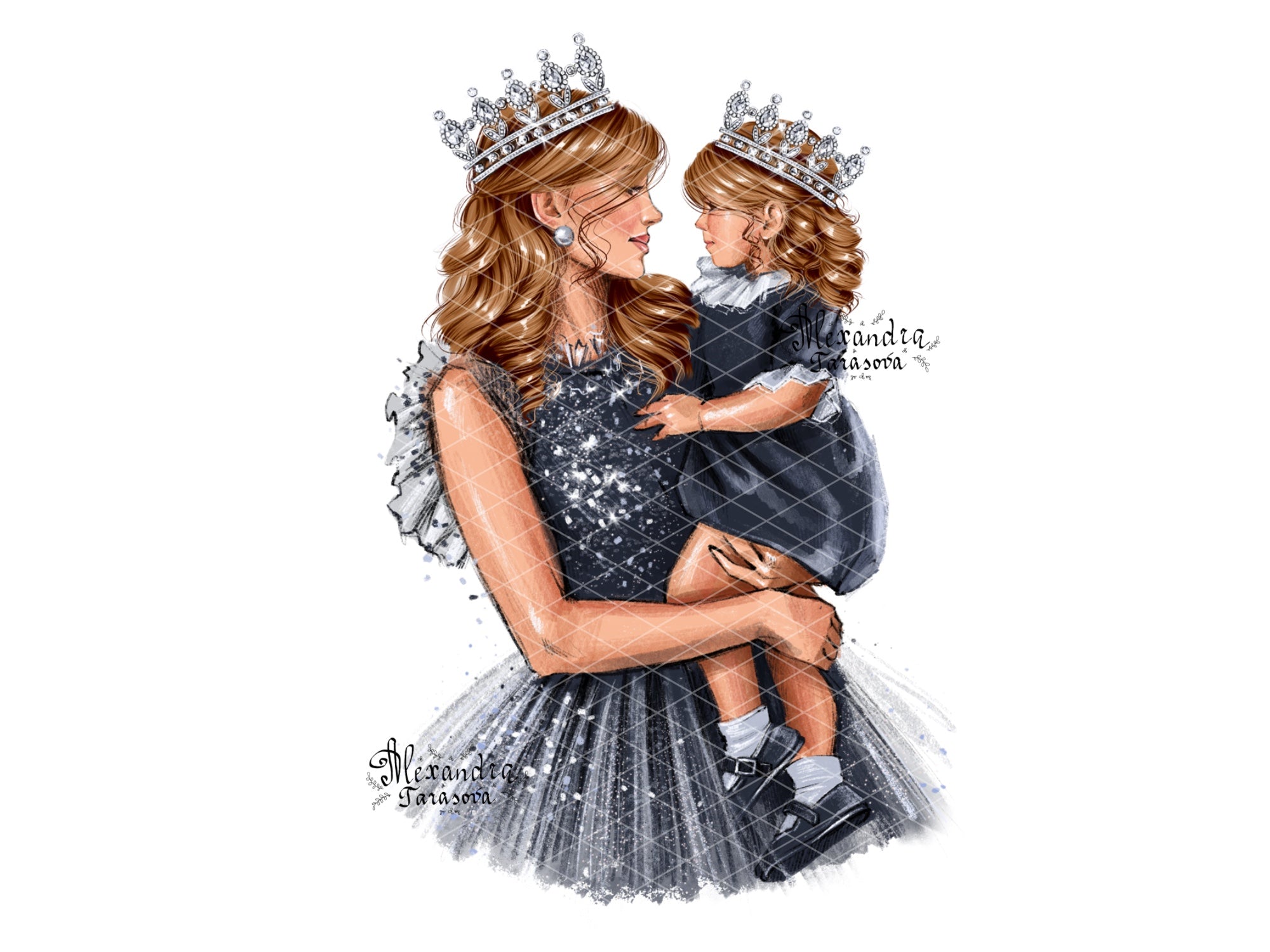 Digital Watercolor Illustration Mother And Daughter Stylish Blue Dress Sparkle Mother Day Printable Art Clipart Stickers Instant Download