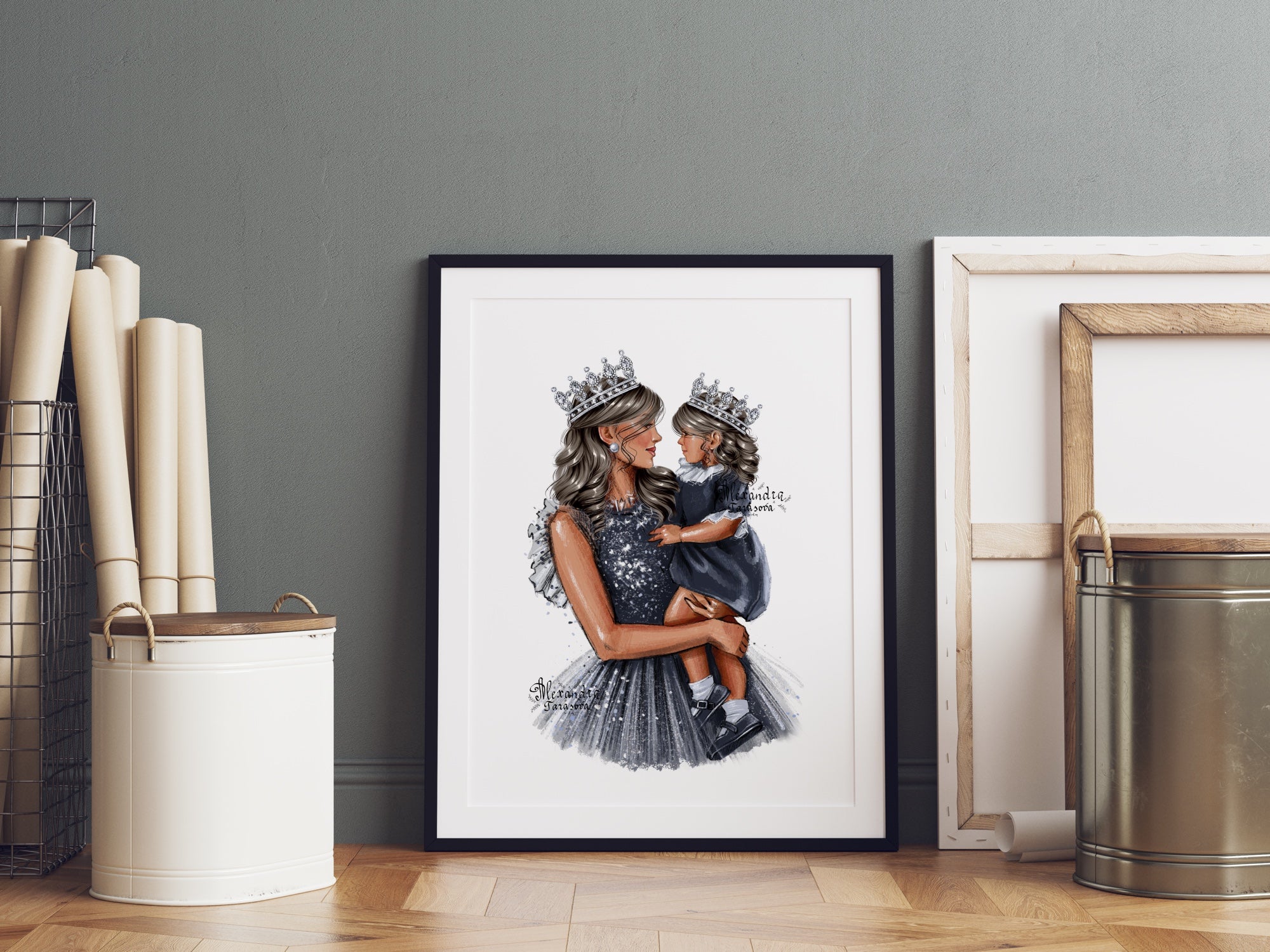 Digital Watercolor Illustration Mother And Daughter Stylish Blue Dress Sparkle Mother Day Printable Art Clipart Stickers Instant Download