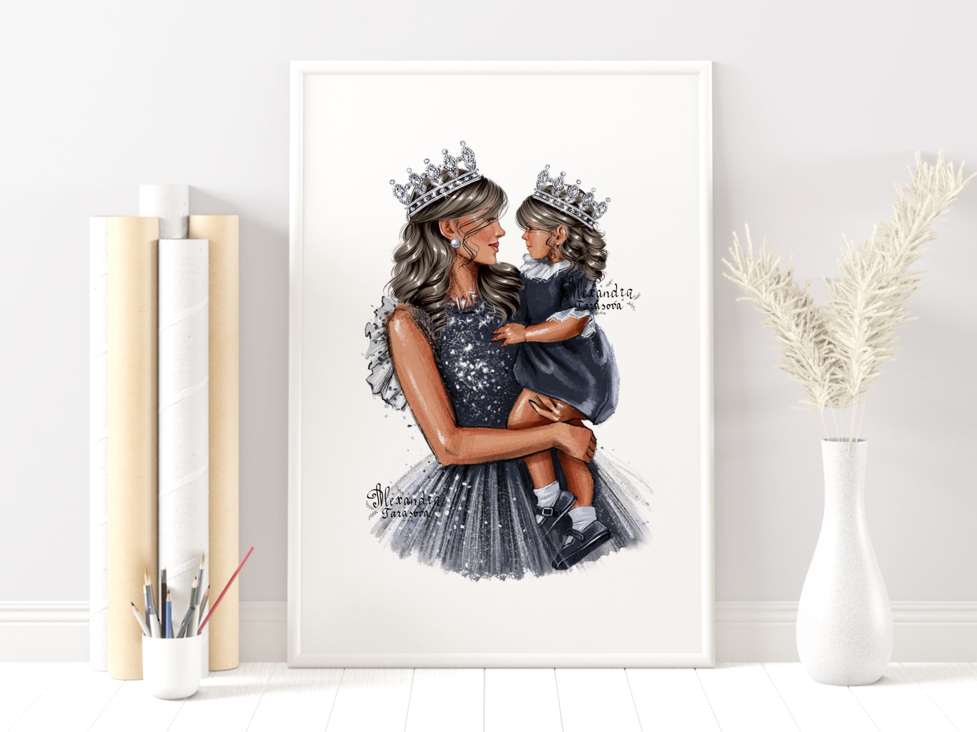 Digital Watercolor Illustration Mother And Daughter Stylish Blue Dress Sparkle Mother Day Printable Art Clipart Stickers Instant Download