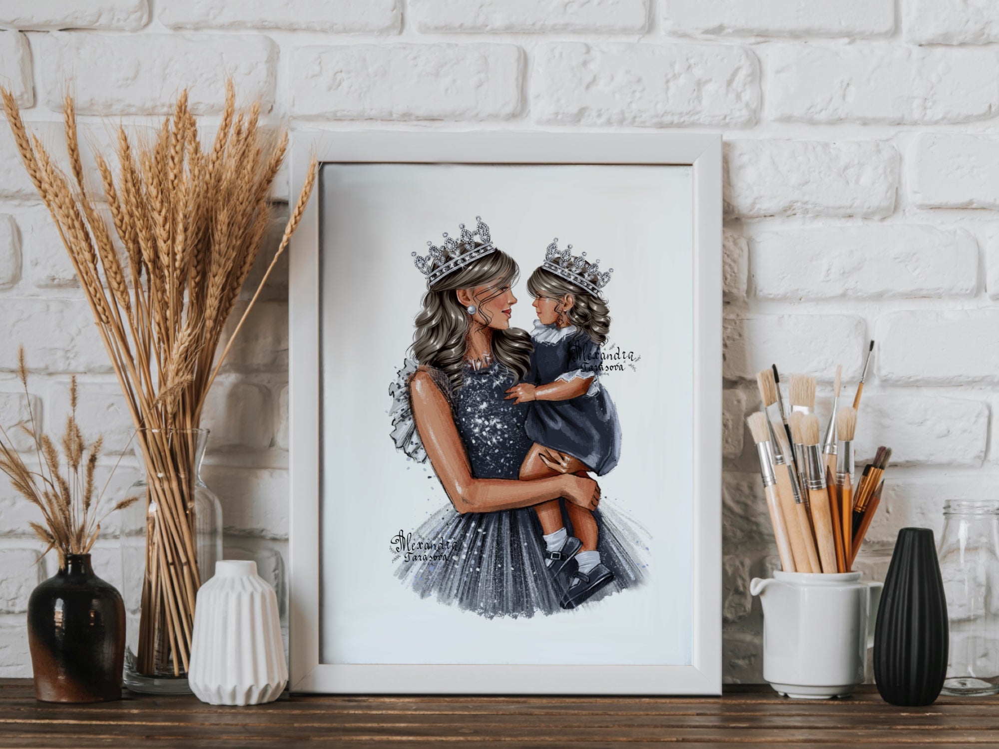 Digital Watercolor Illustration Mother And Daughter Stylish Blue Dress Sparkle Mother Day Printable Art Clipart Stickers Instant Download
