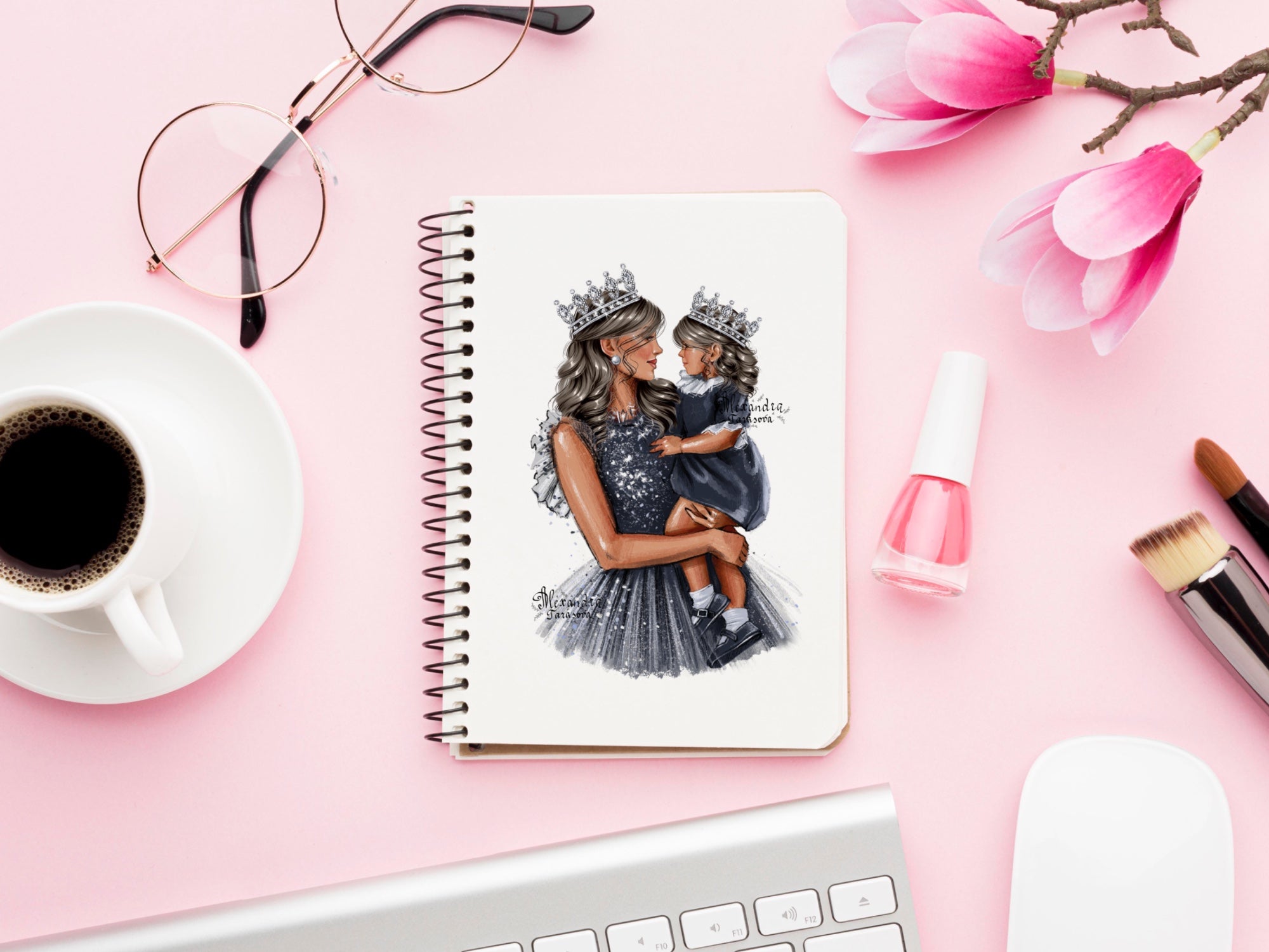 Digital Watercolor Illustration Mother And Daughter Stylish Blue Dress Sparkle Mother Day Printable Art Clipart Stickers Instant Download
