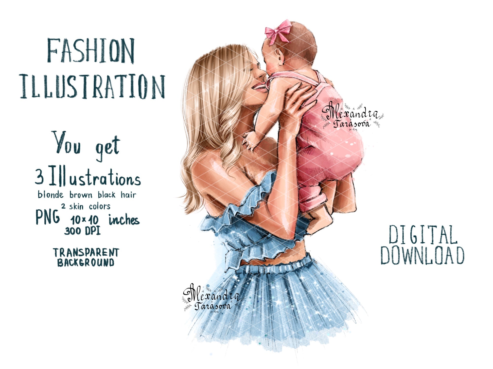 Digital Watercolor Illustration Instant Download Mother And Daughter Trendy Hairstyles Pink Ribbon Blue Dress Drawing Style Clipart