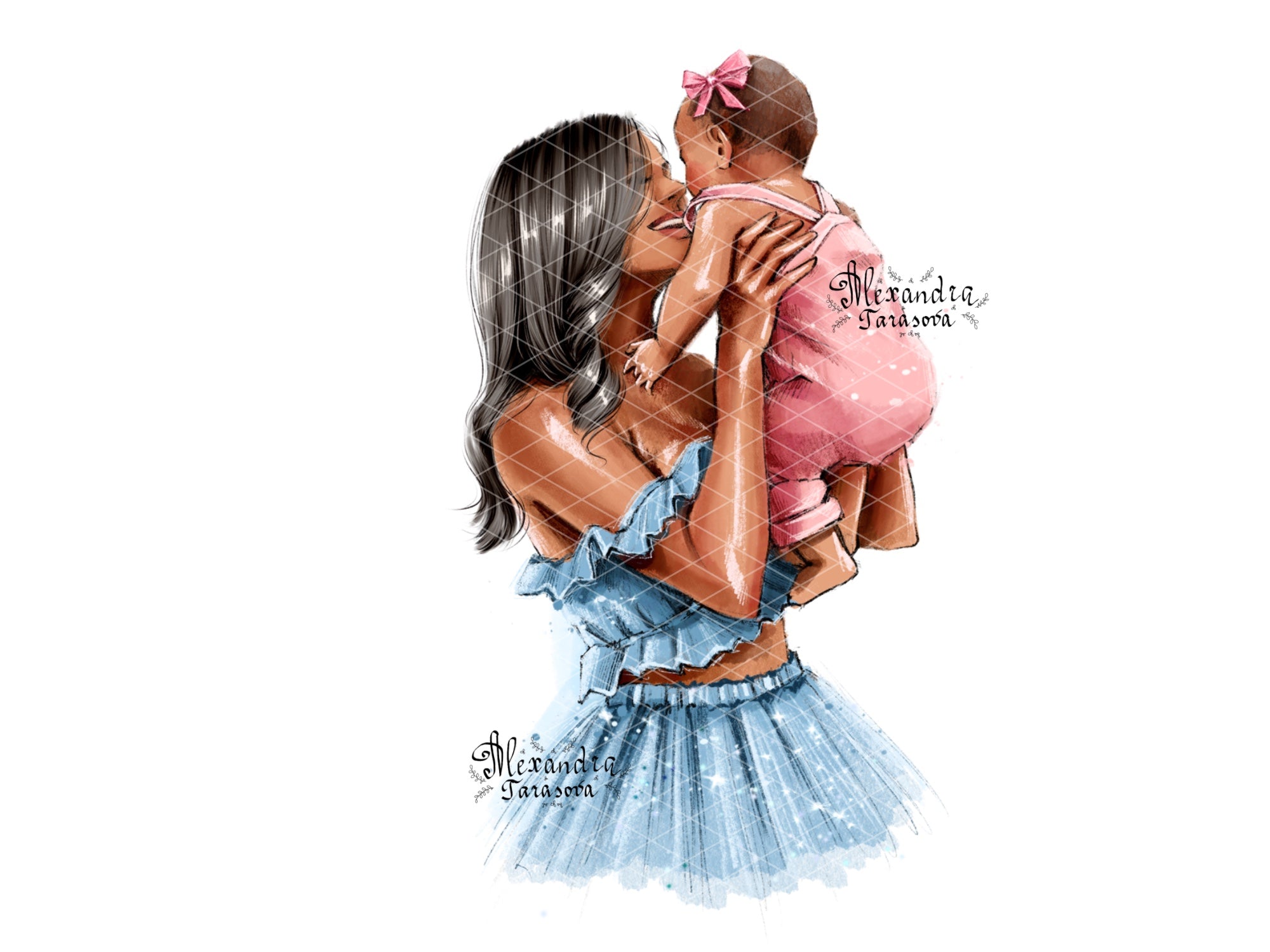 Digital Watercolor Illustration Instant Download Mother And Daughter Trendy Hairstyles Pink Ribbon Blue Dress Drawing Style Clipart