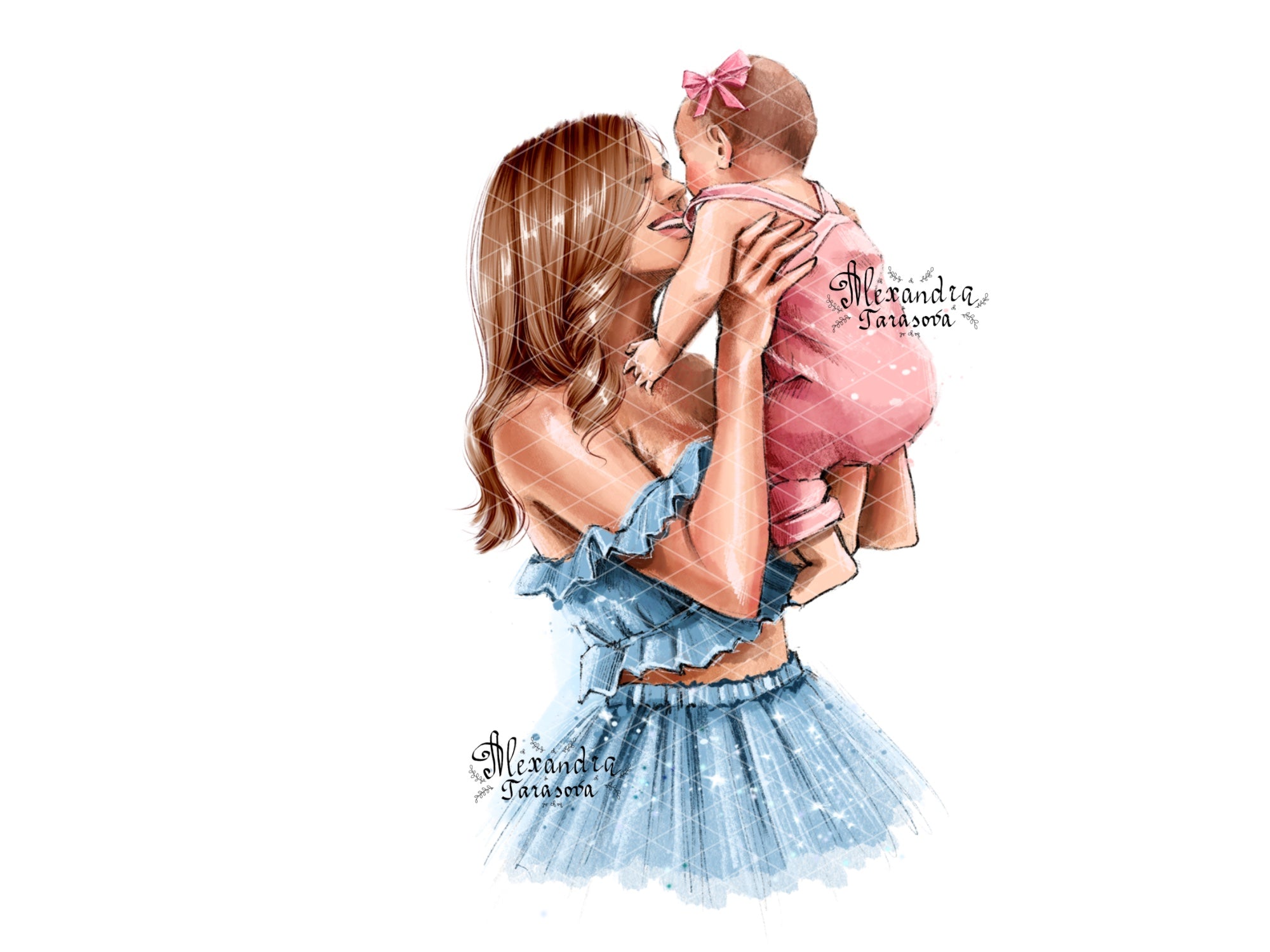 Digital Watercolor Illustration Instant Download Mother And Daughter Trendy Hairstyles Pink Ribbon Blue Dress Drawing Style Clipart