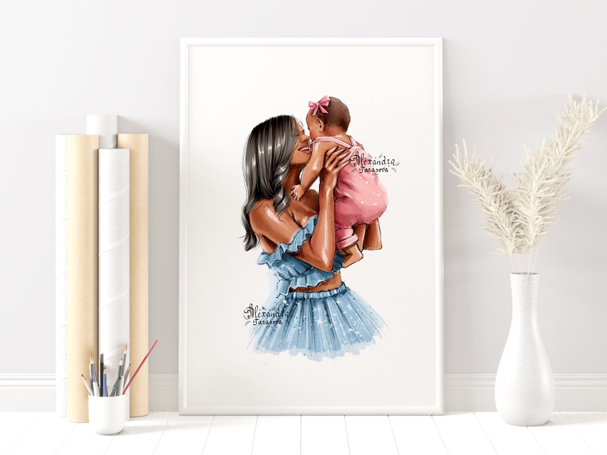 Digital Watercolor Illustration Instant Download Mother And Daughter Trendy Hairstyles Pink Ribbon Blue Dress Drawing Style Clipart