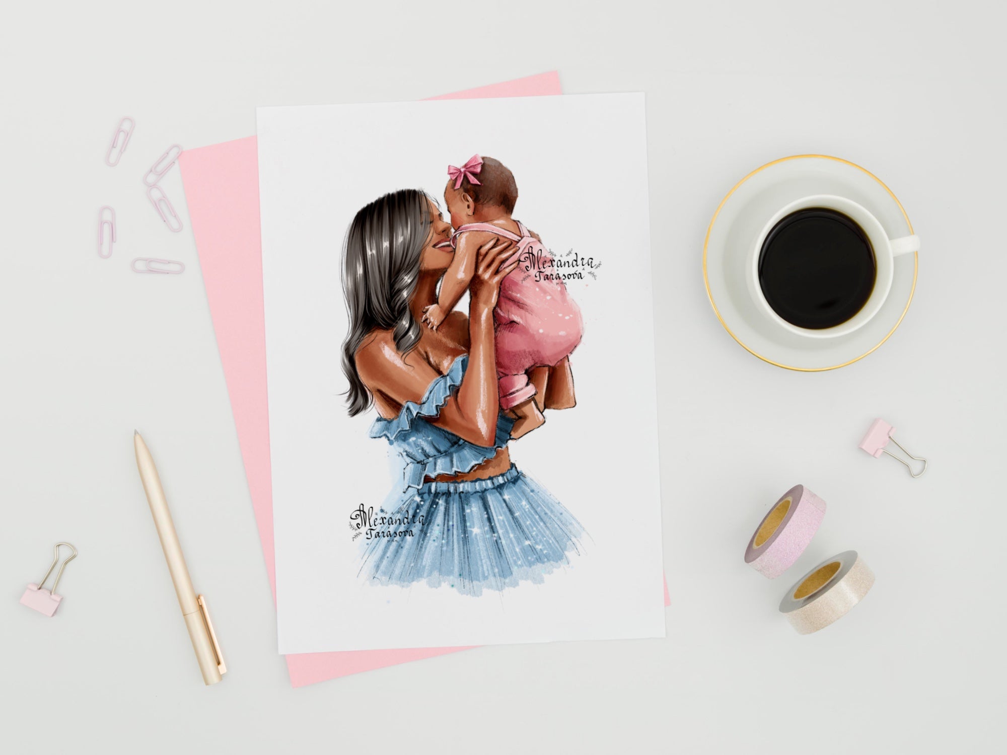 Digital Watercolor Illustration Instant Download Mother And Daughter Trendy Hairstyles Pink Ribbon Blue Dress Drawing Style Clipart