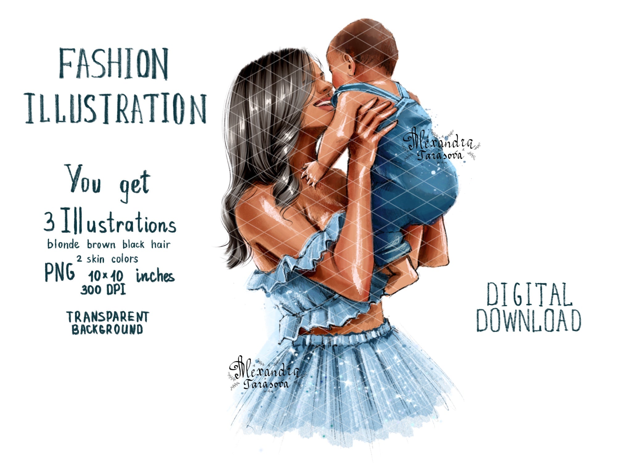Digital Watercolor Illustration Fashion Mother And Son Blue Dress Family Picture Black Boss Girl Clipart Stickers Printable Art