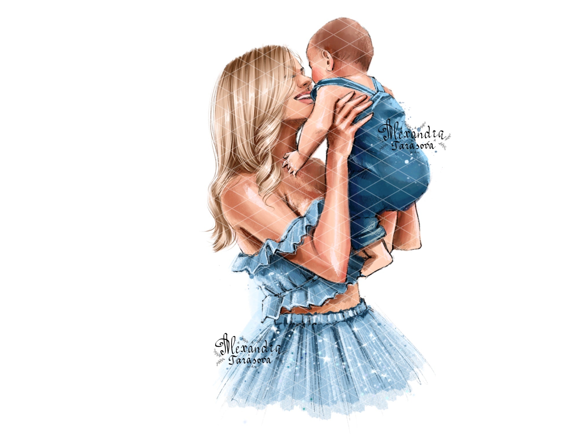 Digital Watercolor Illustration Fashion Mother And Son Blue Dress Family Picture Black Boss Girl Clipart Stickers Printable Art