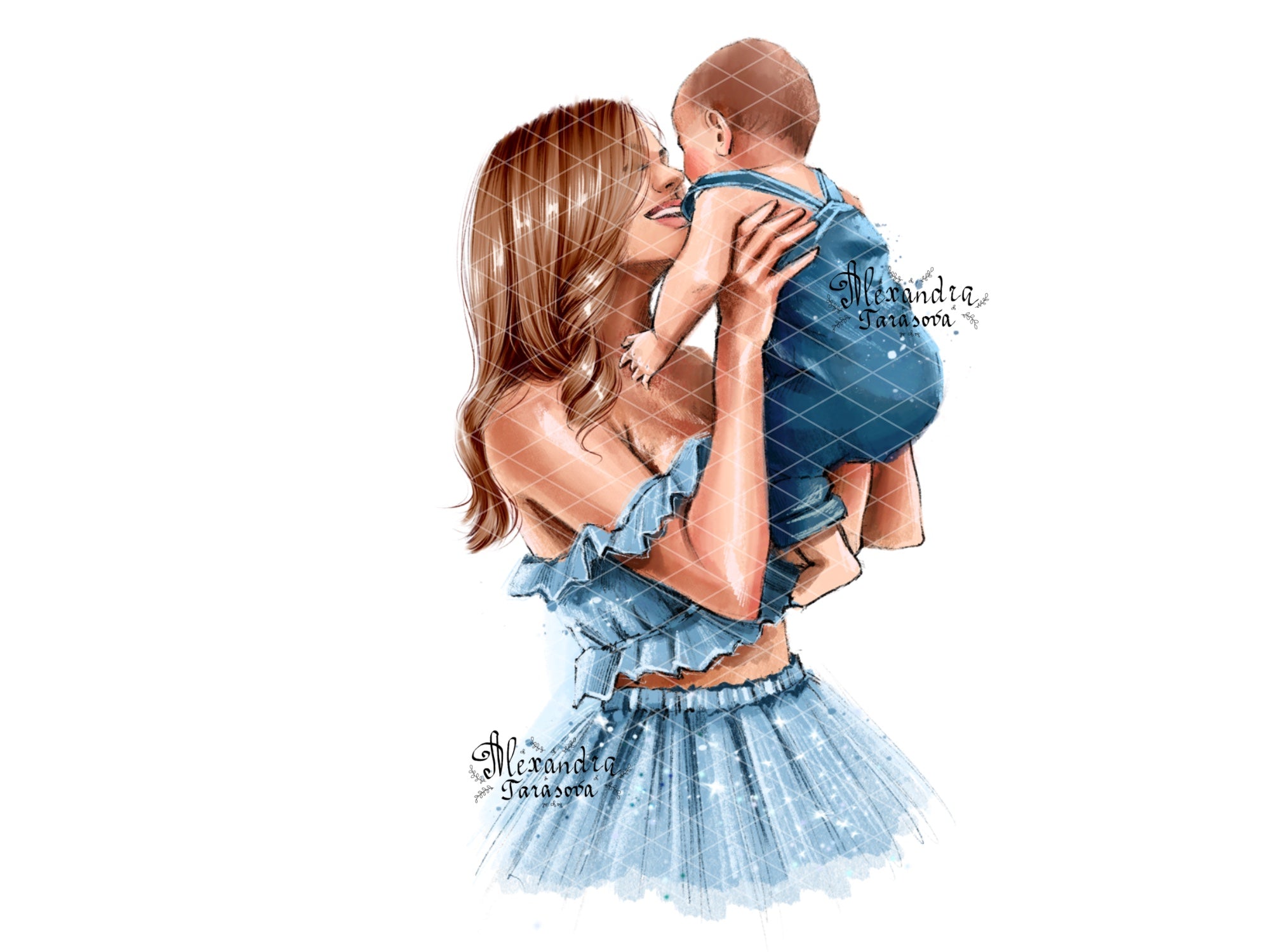 Digital Watercolor Illustration Fashion Mother And Son Blue Dress Family Picture Black Boss Girl Clipart Stickers Printable Art