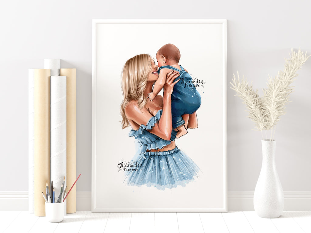 Digital Watercolor Illustration Fashion Mother And Son Blue Dress Family Picture Black Boss Girl Clipart Stickers Printable Art