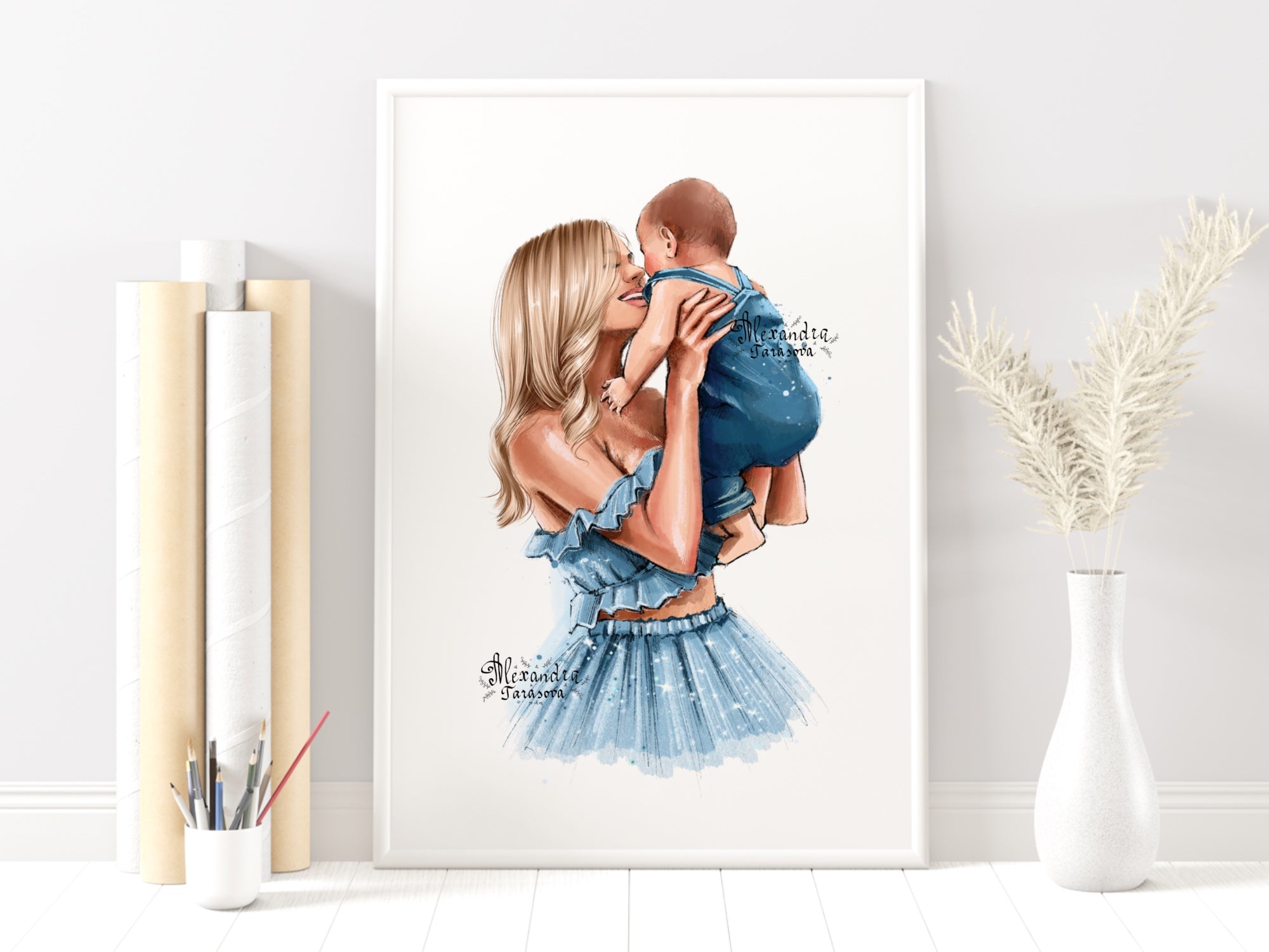 Digital Watercolor Illustration Fashion Mother And Son Blue Dress Family Picture Black Boss Girl Clipart Stickers Printable Art