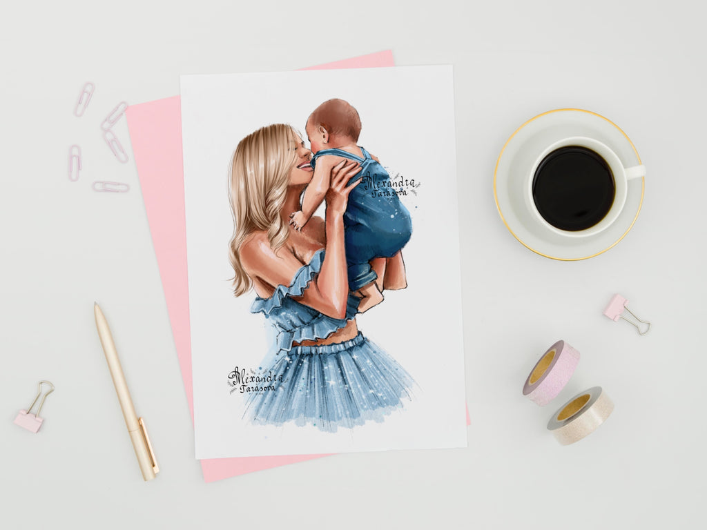 Digital Watercolor Illustration Fashion Mother And Son Blue Dress Family Picture Black Boss Girl Clipart Stickers Printable Art