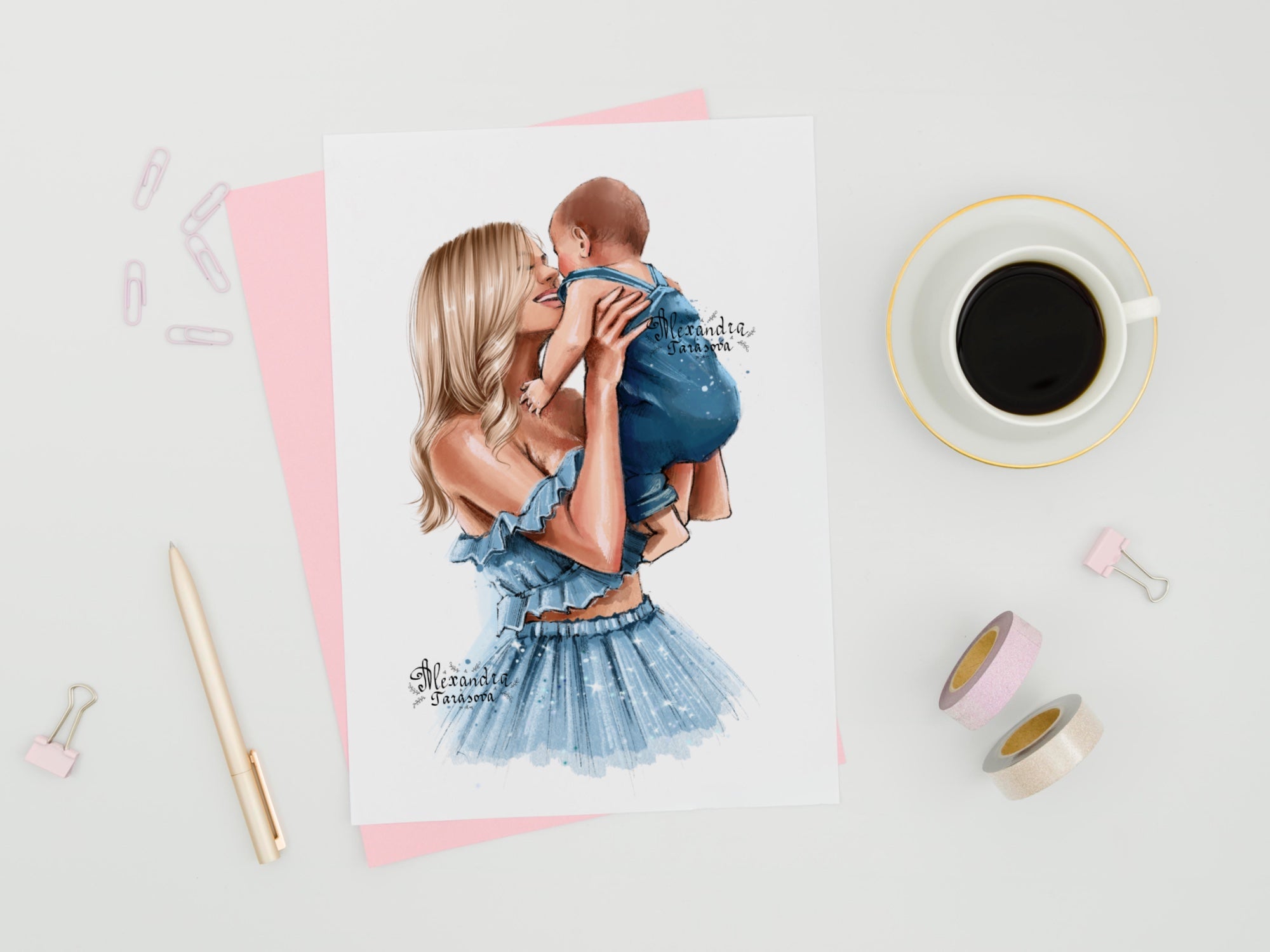 Digital Watercolor Illustration Fashion Mother And Son Blue Dress Family Picture Black Boss Girl Clipart Stickers Printable Art