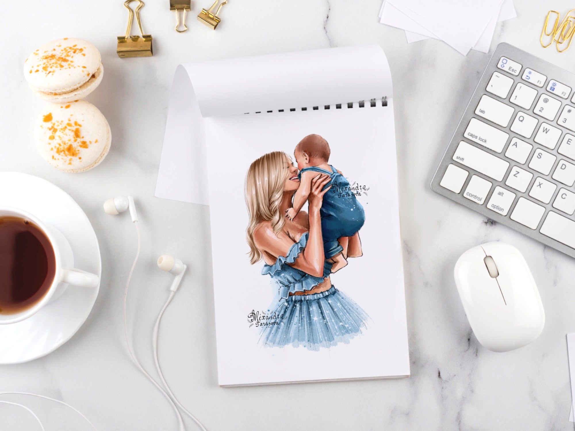 Digital Watercolor Illustration Fashion Mother And Son Blue Dress Family Picture Black Boss Girl Clipart Stickers Printable Art