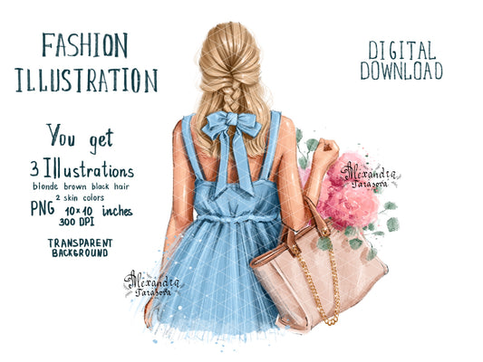 Digital Watercolor Illustration Fashion Girl Trendy Hairstyles Blue Dress Stylish Ribbon Instant Download Drawing Picture Printable Art