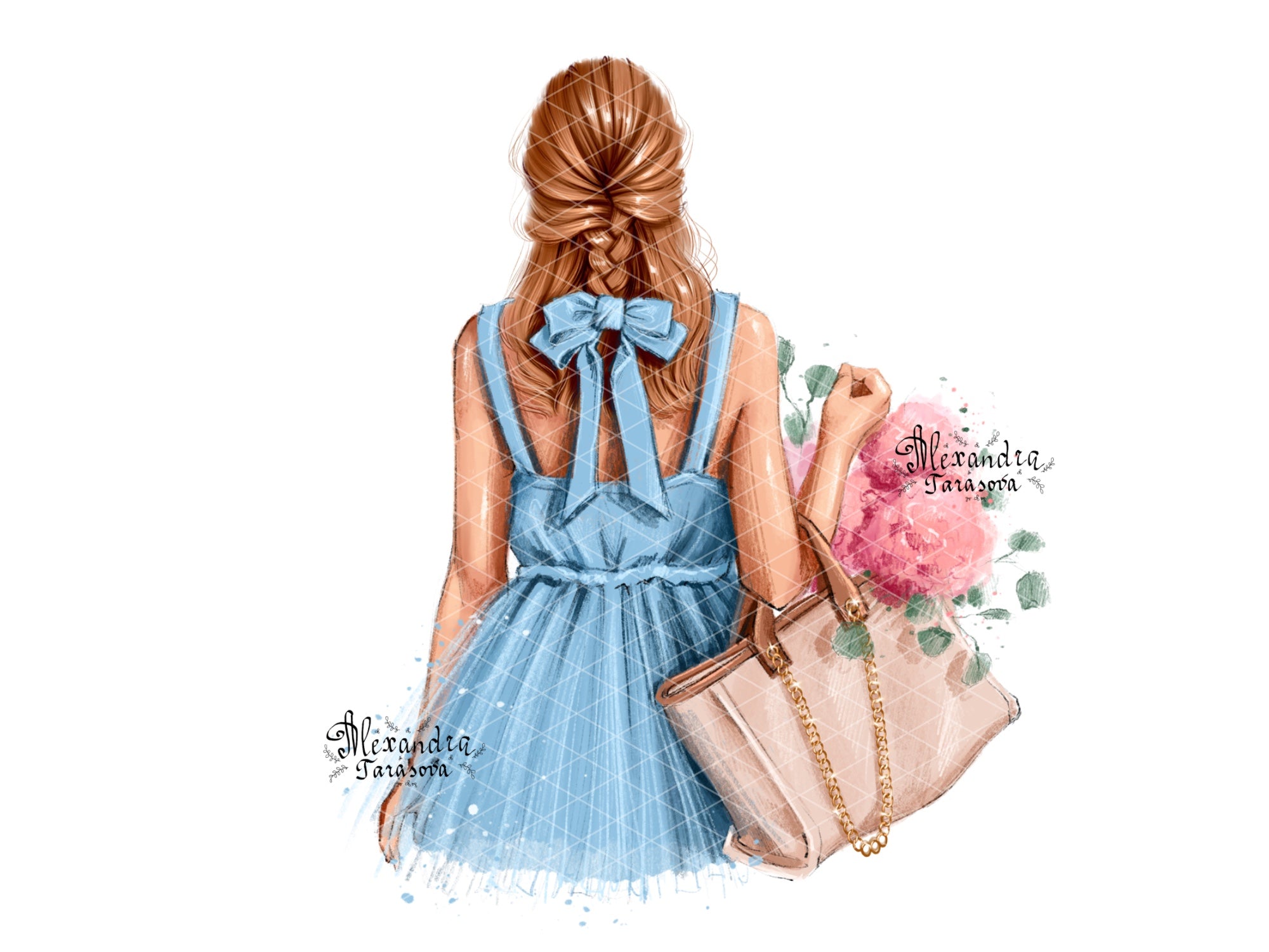 Digital Watercolor Illustration Fashion Girl Trendy Hairstyles Blue Dress Stylish Ribbon Instant Download Drawing Picture Printable Art